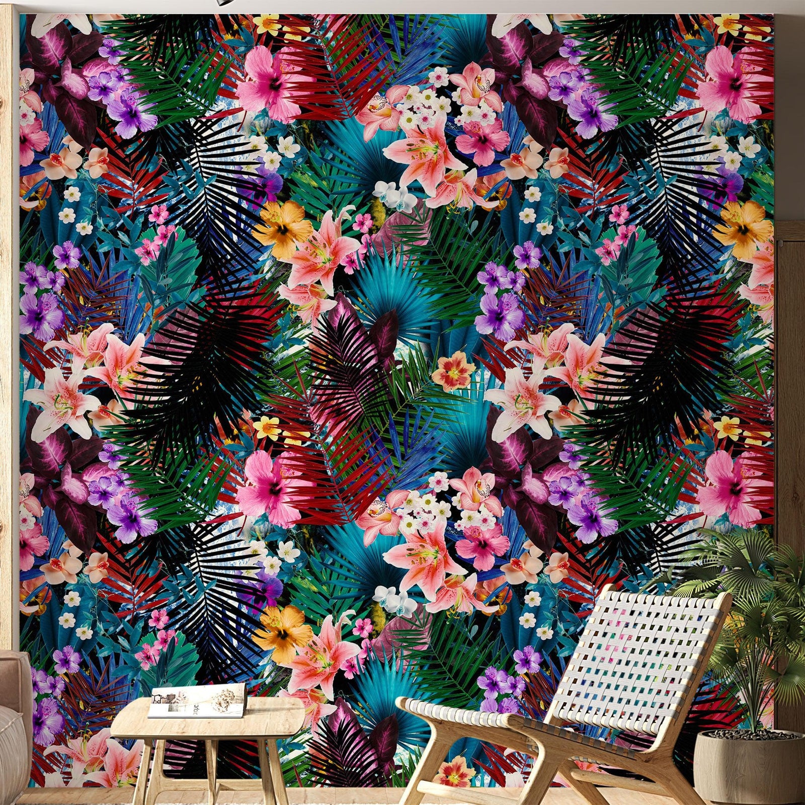 Mural de pared con estampado de follaje tropical colorido. Papel tapiz autoadhesivo. N.º 6382