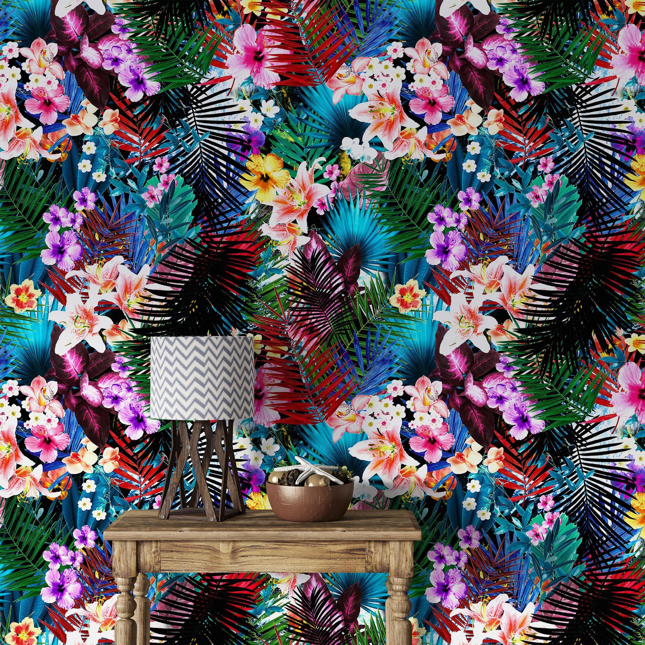 Mural de pared con estampado de follaje tropical colorido. Papel tapiz autoadhesivo. N.º 6382