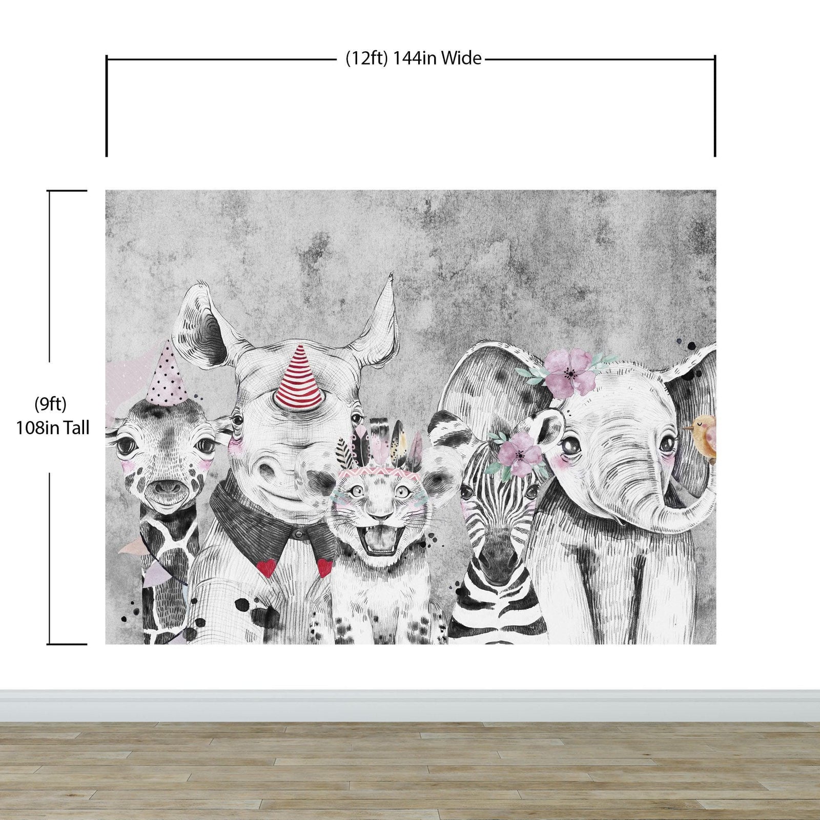 Mural de pared de animales de safari. Papel pintado autoadhesivo con elefante bebé, jirafa, rinoceronte, león y cebra. #6383