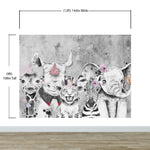Mural de pared de animales de safari. Papel pintado autoadhesivo con elefante bebé, jirafa, rinoceronte, león y cebra. #6383