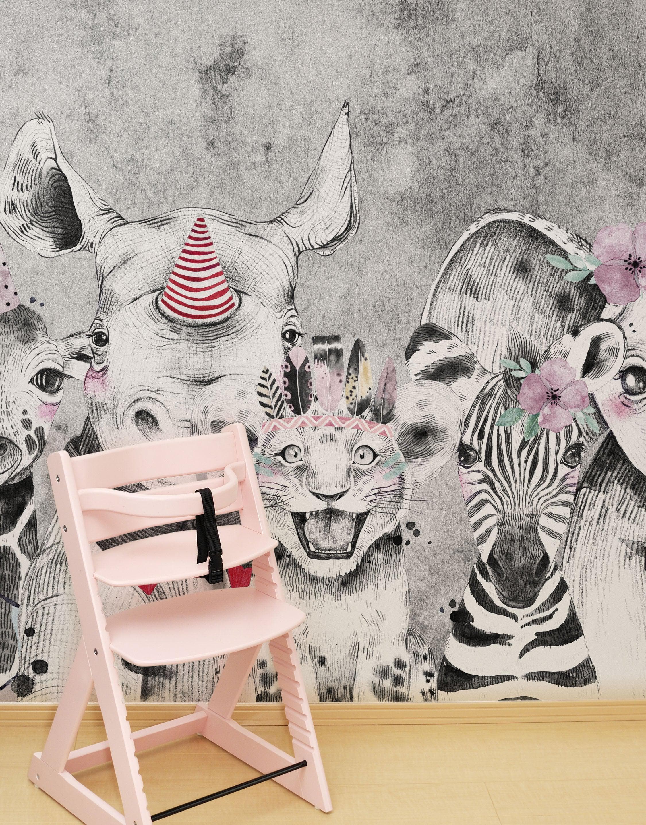Mural de pared de animales de safari. Papel pintado autoadhesivo con elefante bebé, jirafa, rinoceronte, león y cebra. #6383
