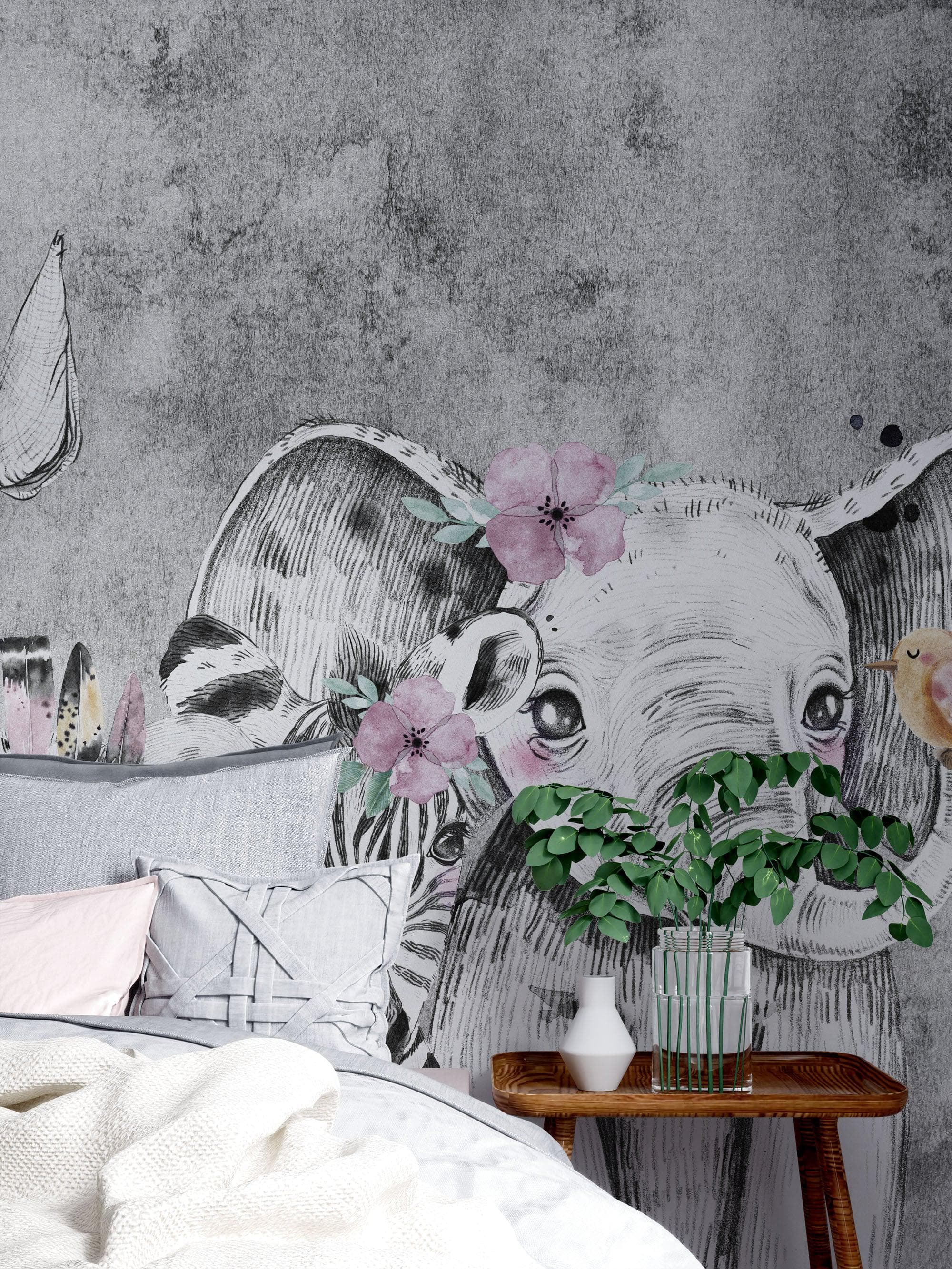 Mural de pared de animales de safari. Papel pintado autoadhesivo con elefante bebé, jirafa, rinoceronte, león y cebra. #6383