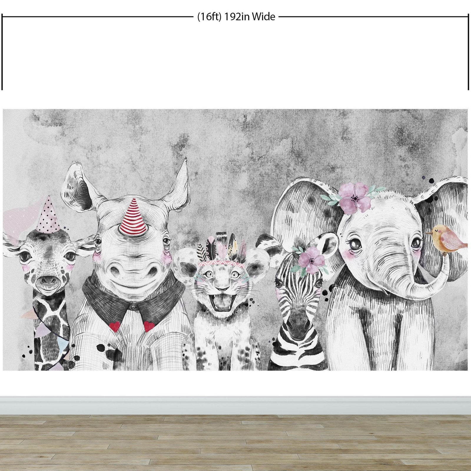 Mural de pared de animales de safari. Papel pintado autoadhesivo con elefante bebé, jirafa, rinoceronte, león y cebra. #6383