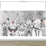 Mural de pared de animales de safari. Papel pintado autoadhesivo con elefante bebé, jirafa, rinoceronte, león y cebra. #6383