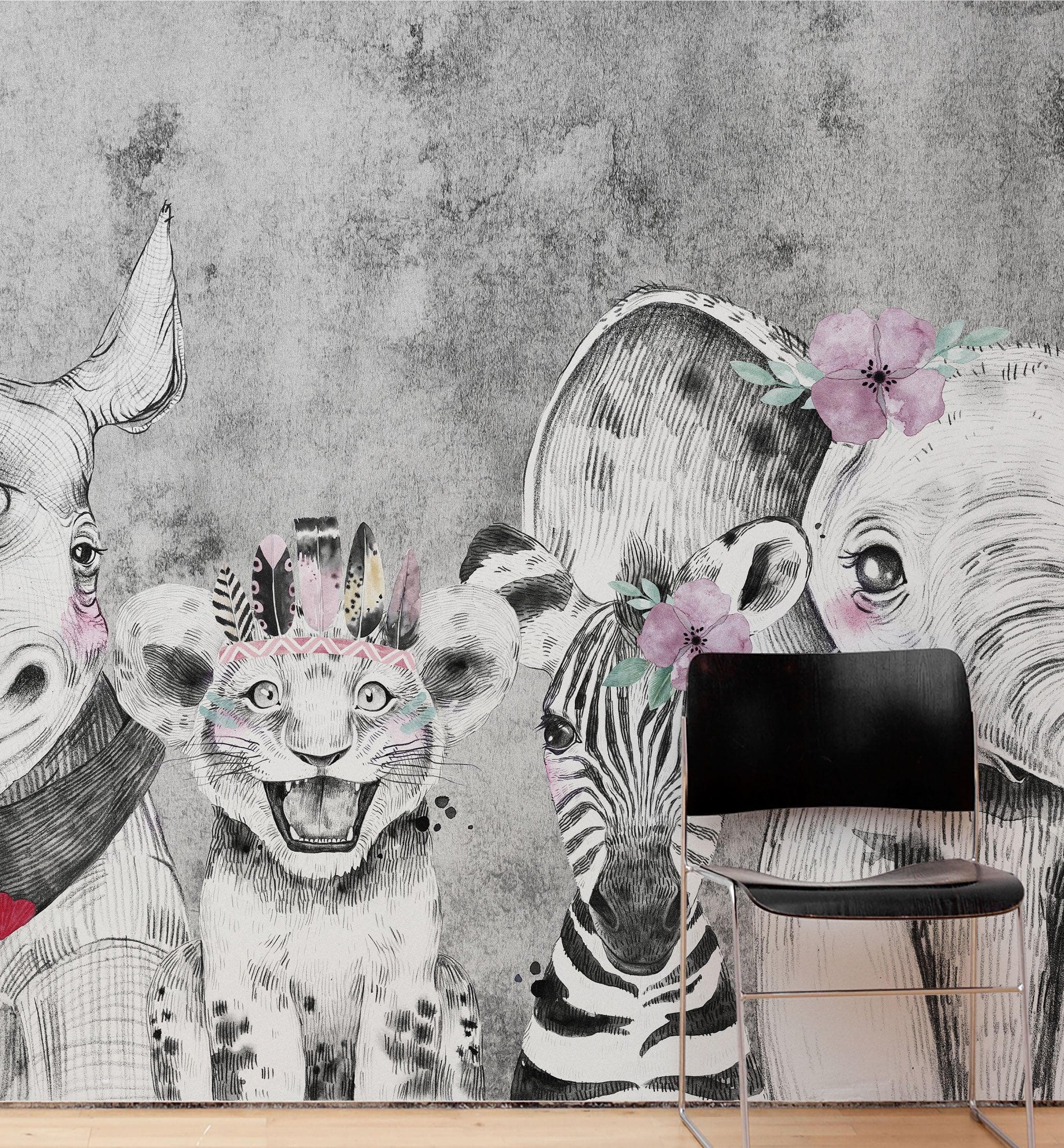 Mural de pared de animales de safari. Papel pintado autoadhesivo con elefante bebé, jirafa, rinoceronte, león y cebra. #6383