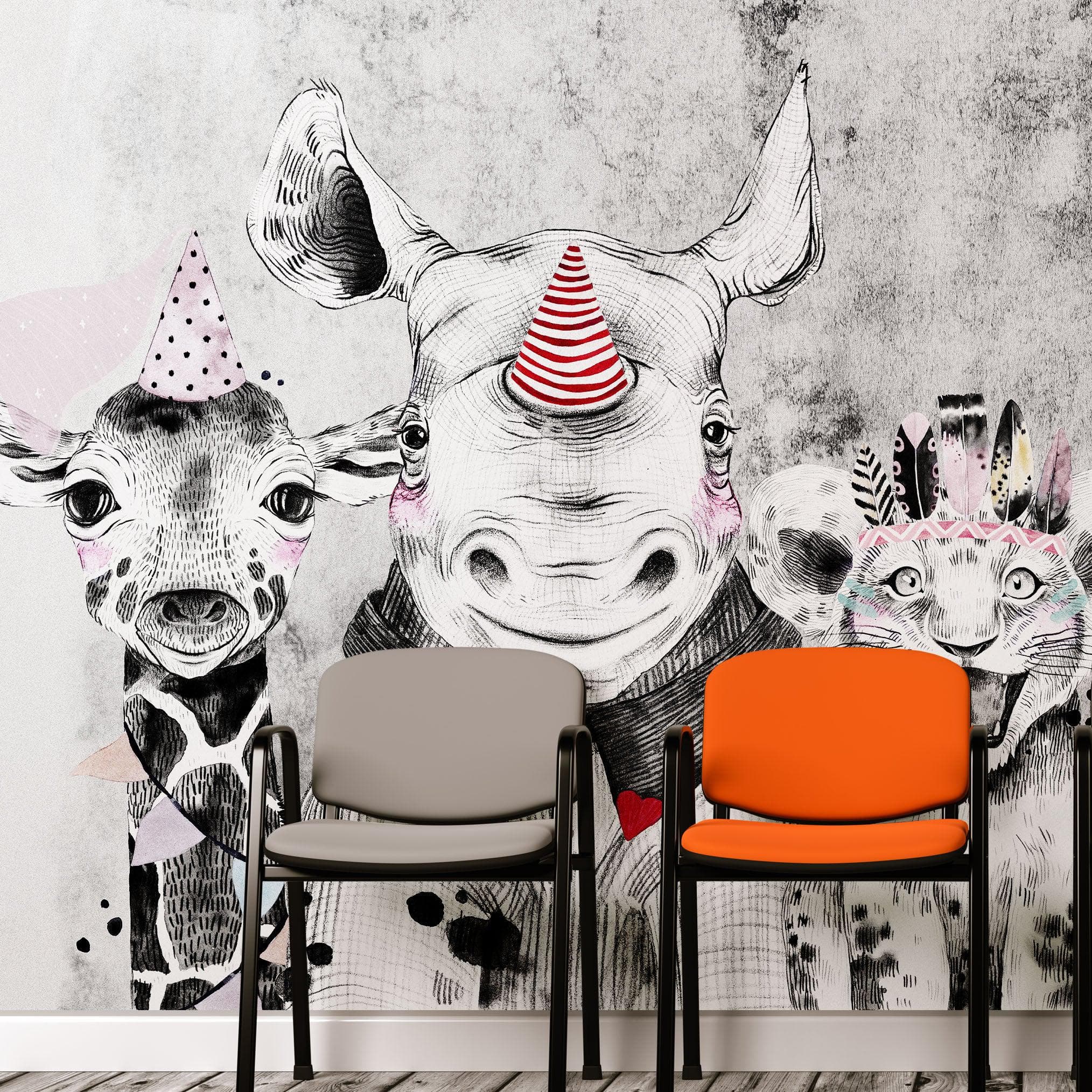 Mural de pared de animales de safari. Papel pintado autoadhesivo con elefante bebé, jirafa, rinoceronte, león y cebra. #6383