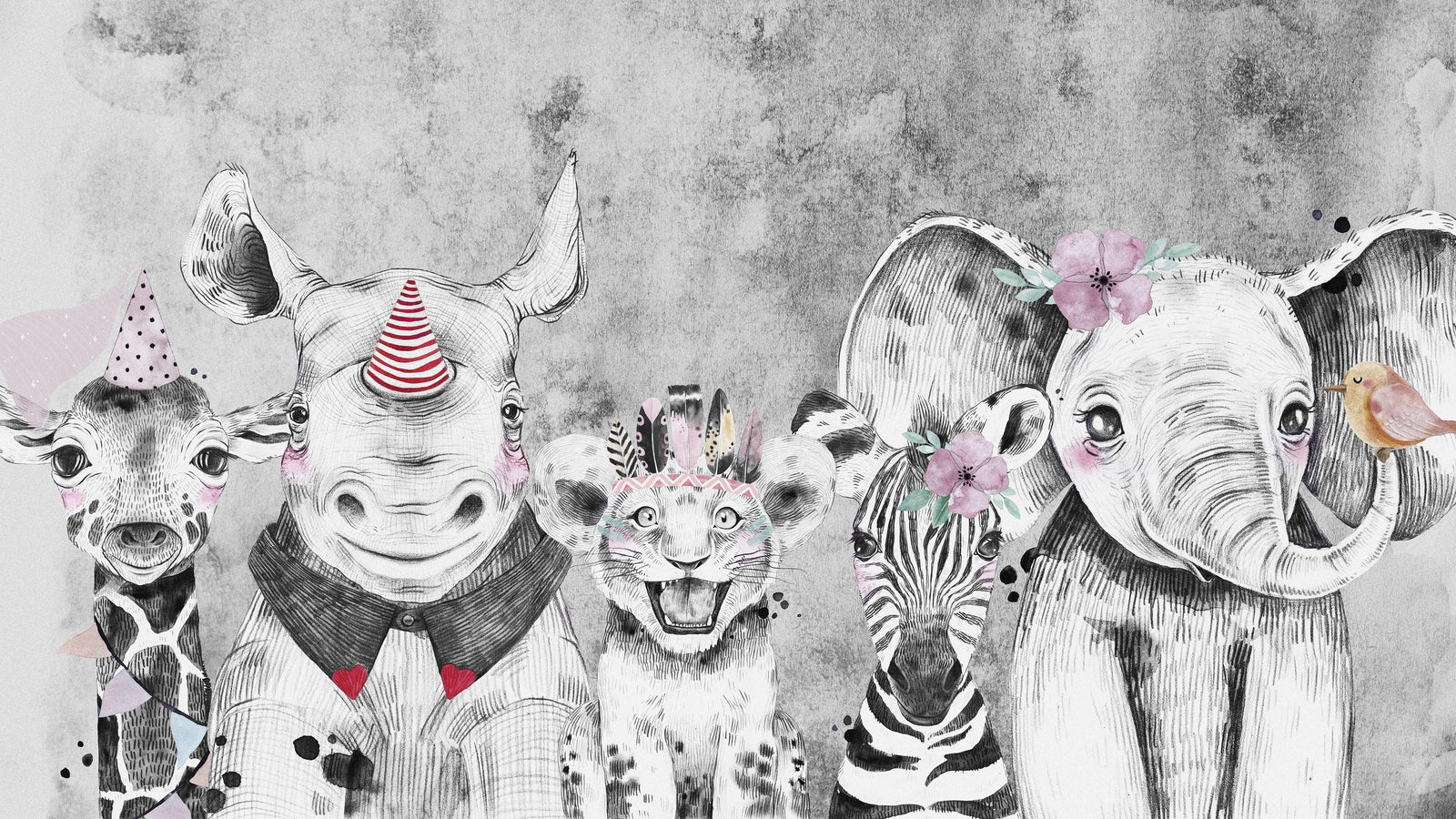Mural de pared de animales de safari. Papel pintado autoadhesivo con elefante bebé, jirafa, rinoceronte, león y cebra. #6383
