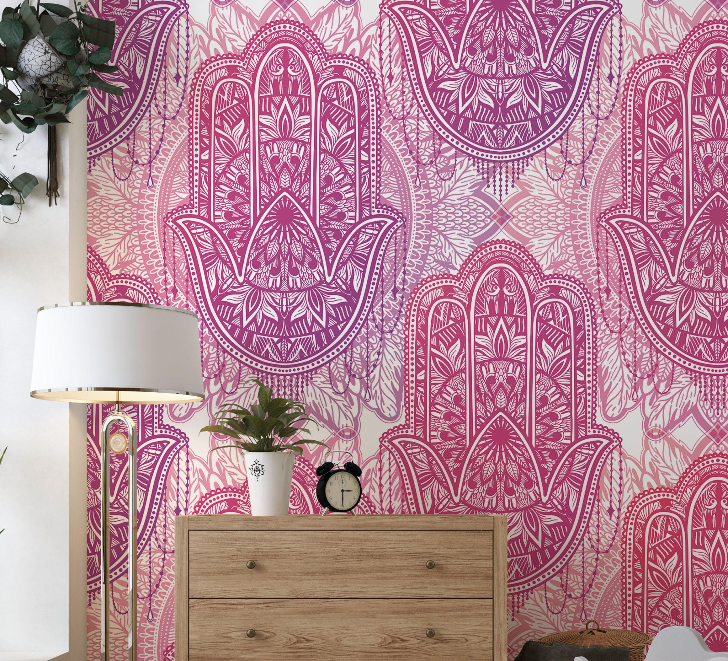 Papel tapiz de mandala floral de gran tamaño para pared. Mural de pared autoadhesivo con diseño de adornos en rosa y morado. N.º 6384