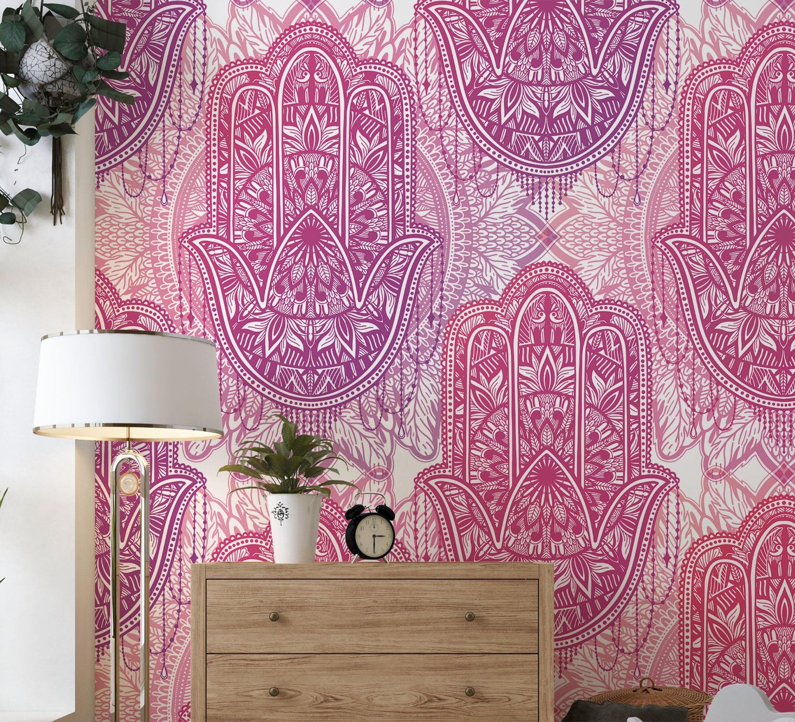 Papel tapiz de mandala floral de gran tamaño para pared. Mural de pared autoadhesivo con diseño de adornos en rosa y morado. N.º 6384