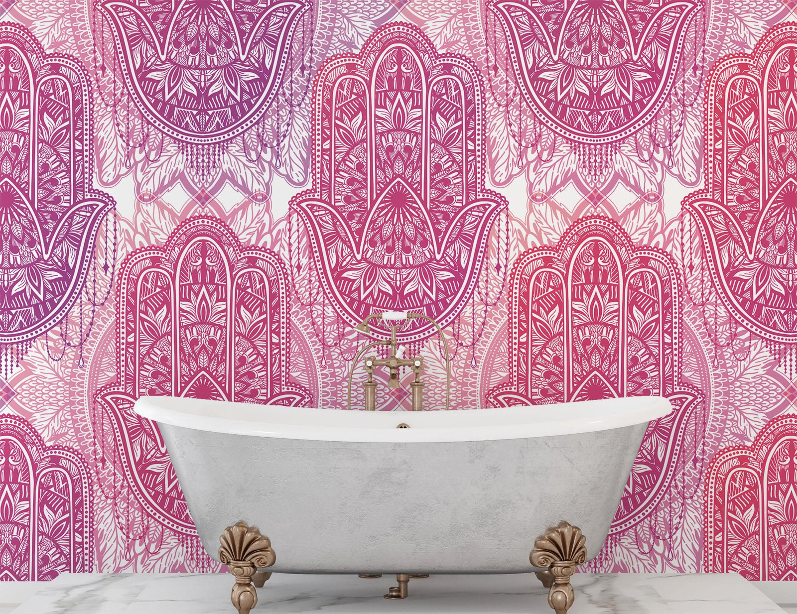 Papel tapiz de mandala floral de gran tamaño para pared. Mural de pared autoadhesivo con diseño de adornos en rosa y morado. N.º 6384