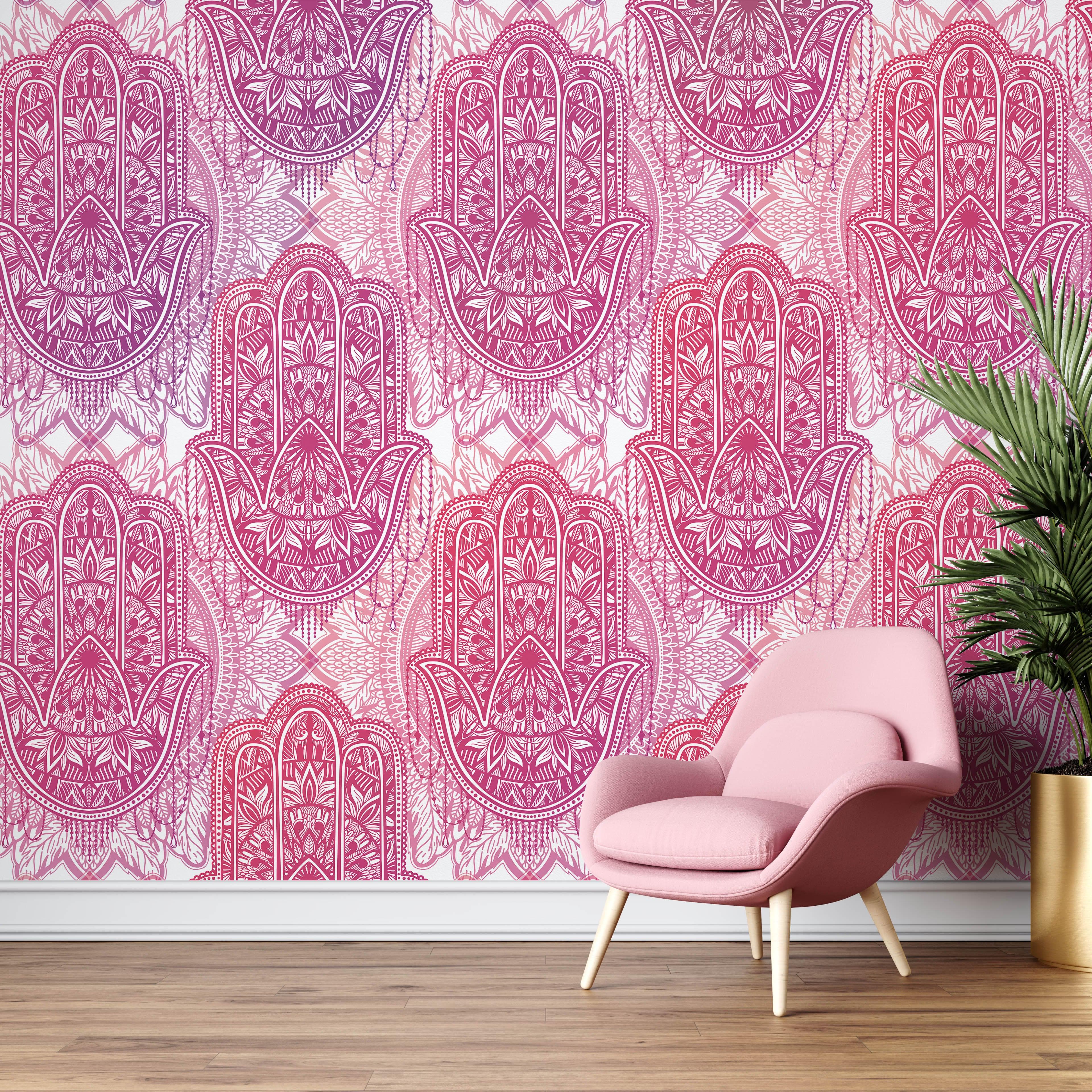 Papel tapiz de mandala floral de gran tamaño para pared. Mural de pared autoadhesivo con diseño de adornos en rosa y morado. N.º 6384