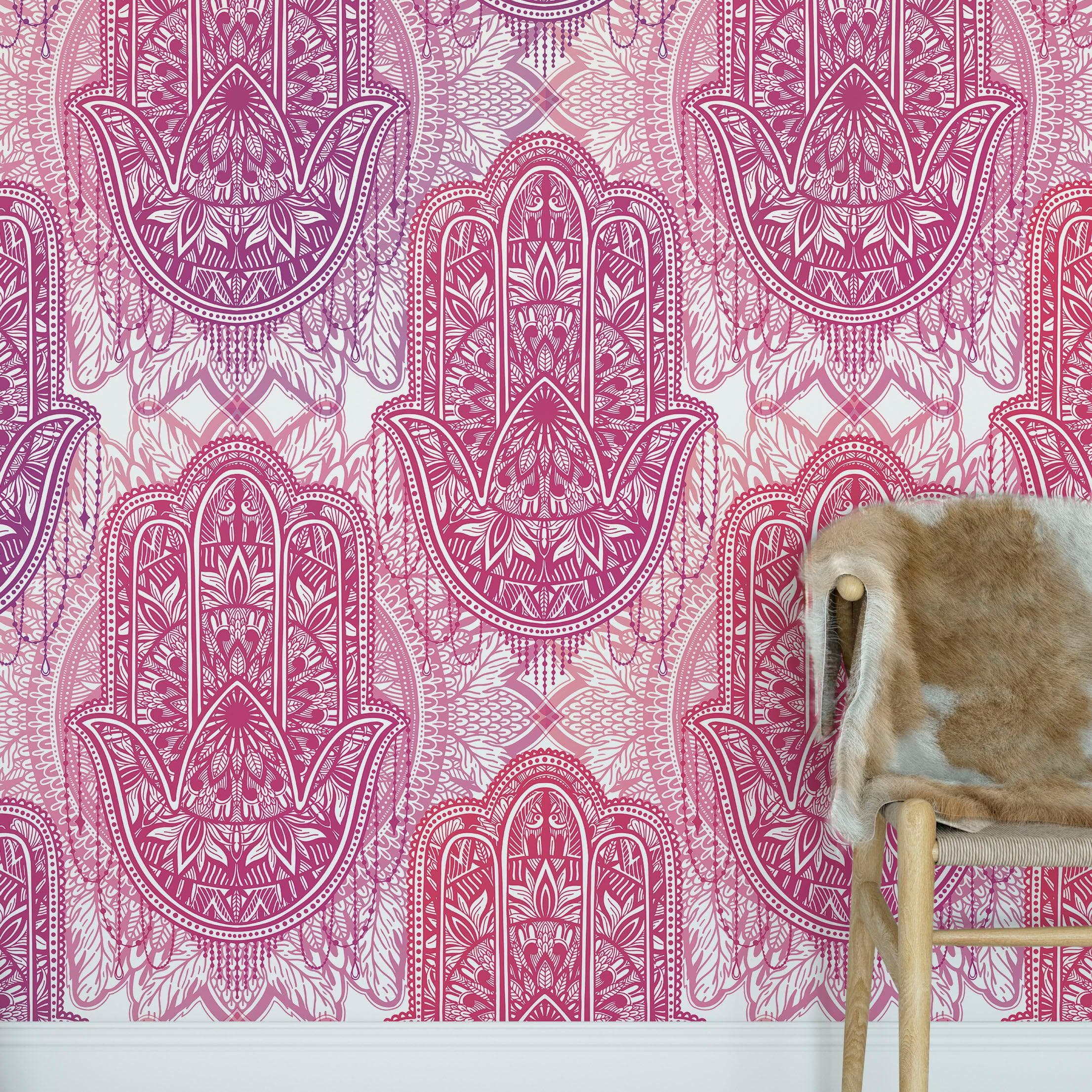 Papel tapiz de mandala floral de gran tamaño para pared. Mural de pared autoadhesivo con diseño de adornos en rosa y morado. N.º 6384