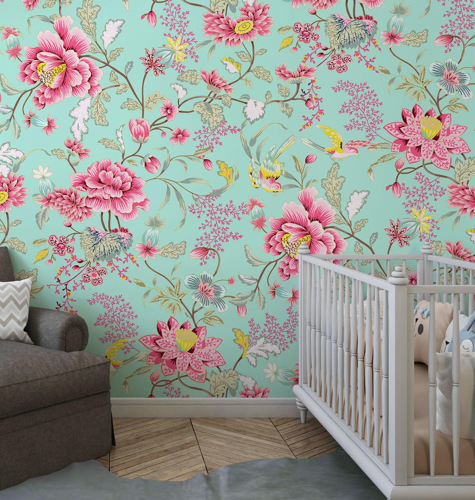 Mural de pared con estampado de flores en color menta. Papel tapiz autoadhesivo con motivos florales botánicos tropicales. N.º 6387
