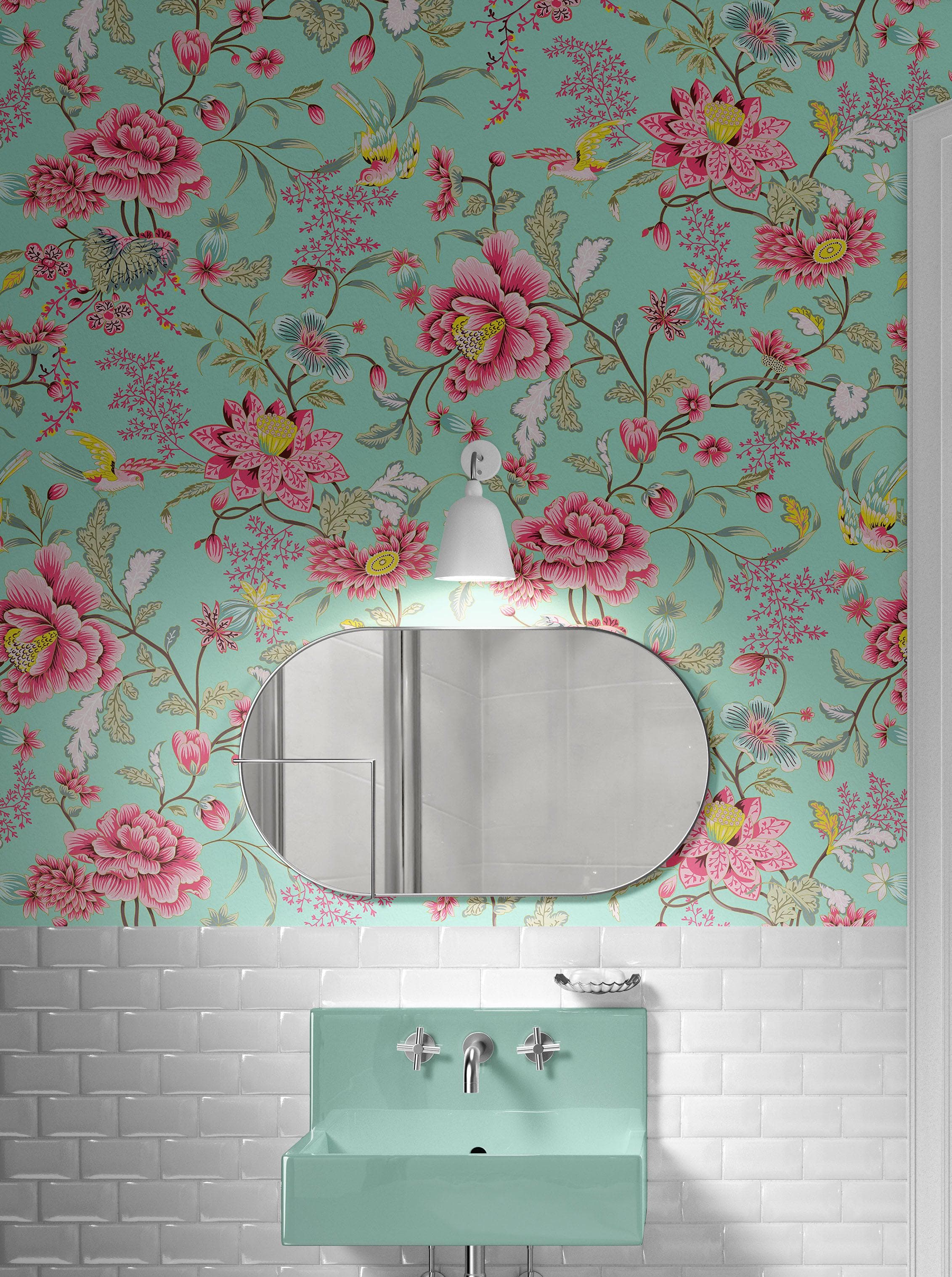 Mural de pared con estampado de flores en color menta. Papel tapiz autoadhesivo con motivos florales botánicos tropicales. N.º 6387