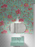 Mural de pared con estampado de flores en color menta. Papel tapiz autoadhesivo con motivos florales botánicos tropicales. N.º 6387