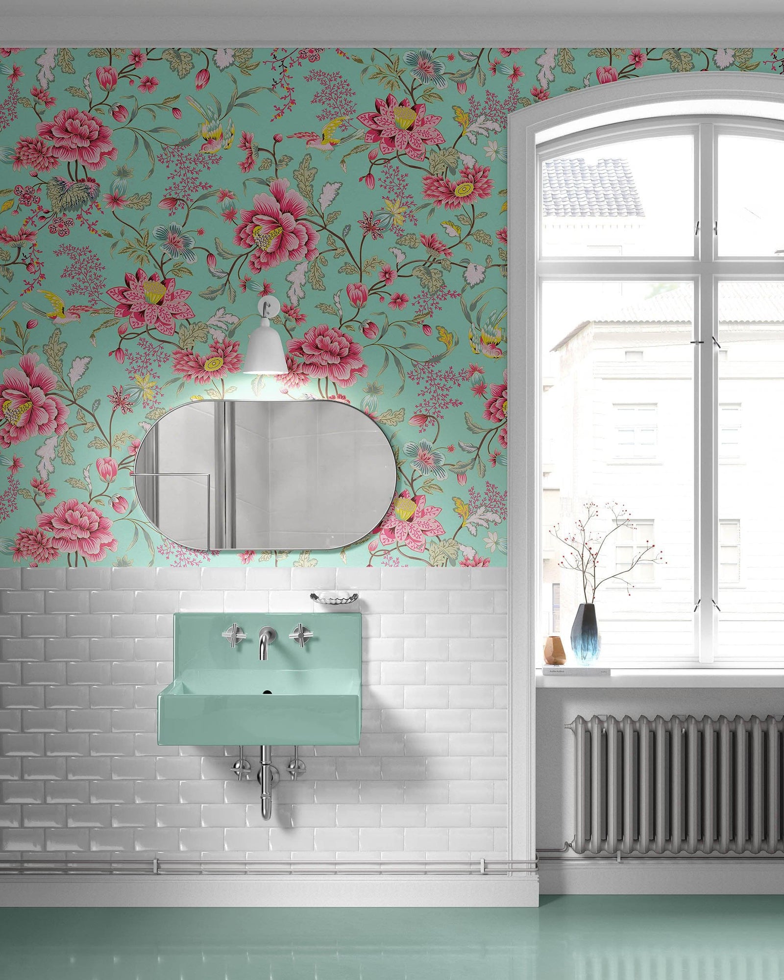 Mural de pared con estampado de flores en color menta. Papel tapiz autoadhesivo con motivos florales botánicos tropicales. N.º 6387