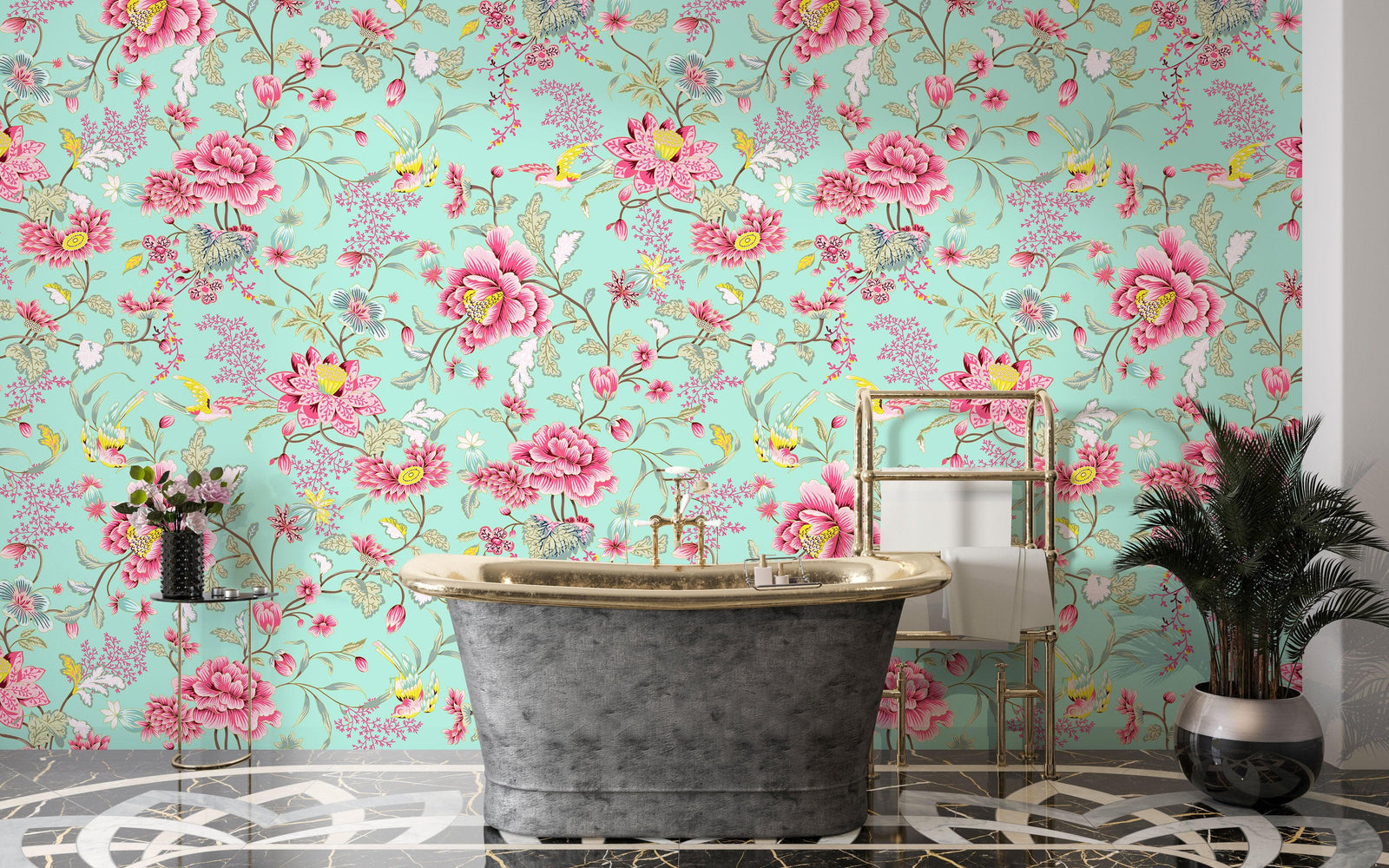 Mural de pared con estampado de flores en color menta. Papel tapiz autoadhesivo con motivos florales botánicos tropicales. N.º 6387