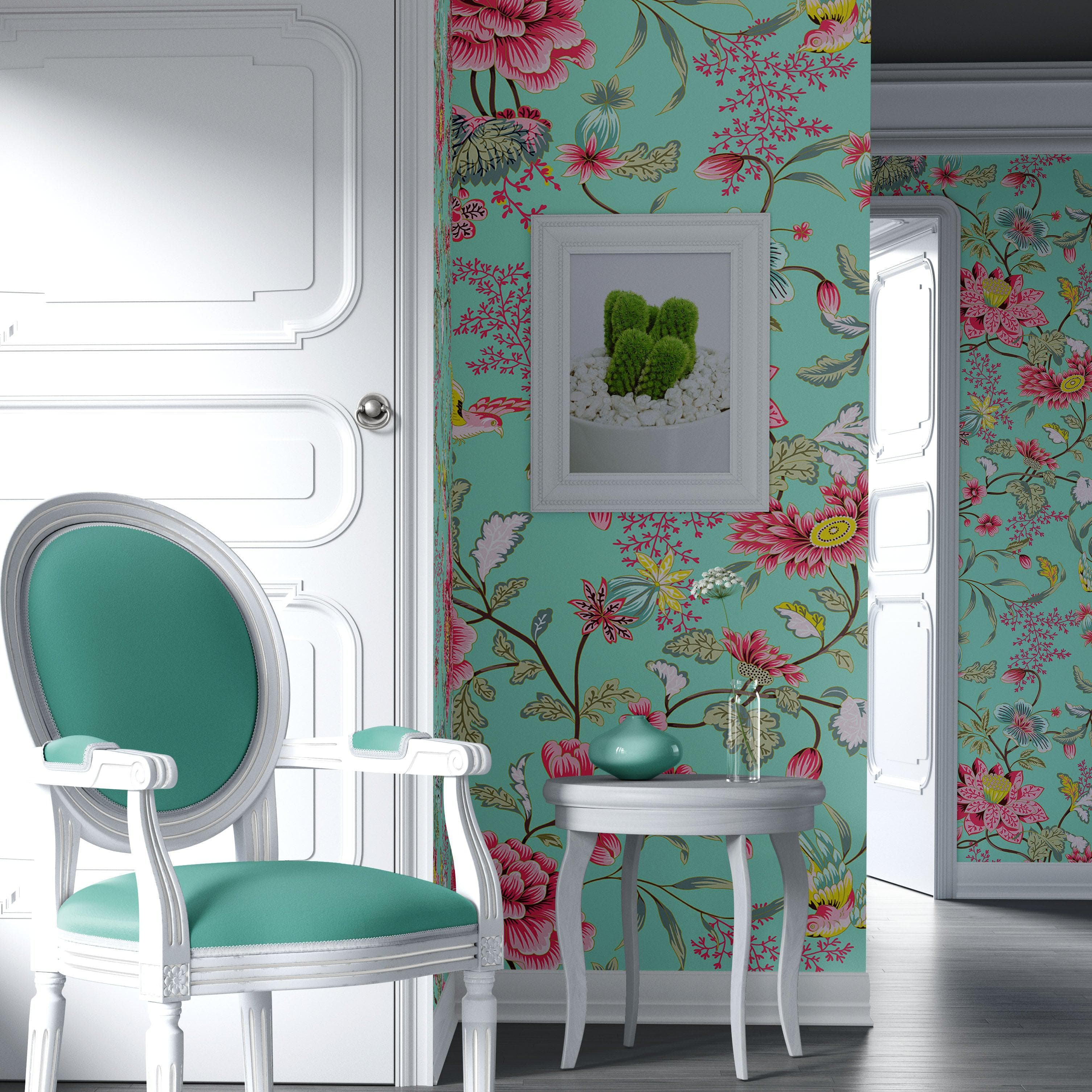 Mural de pared con estampado de flores en color menta. Papel tapiz autoadhesivo con motivos florales botánicos tropicales. N.º 6387