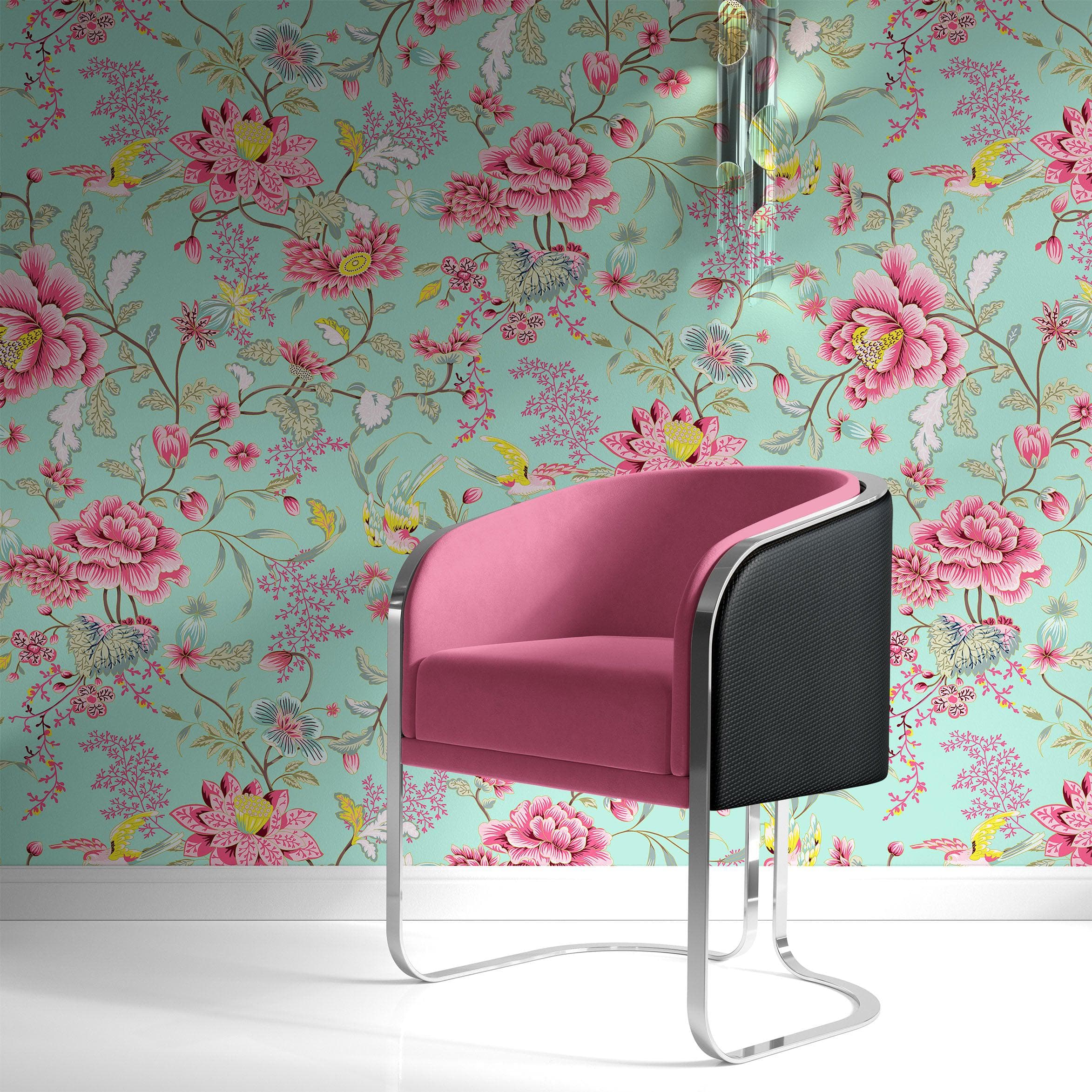 Mural de pared con estampado de flores en color menta. Papel tapiz autoadhesivo con motivos florales botánicos tropicales. N.º 6387