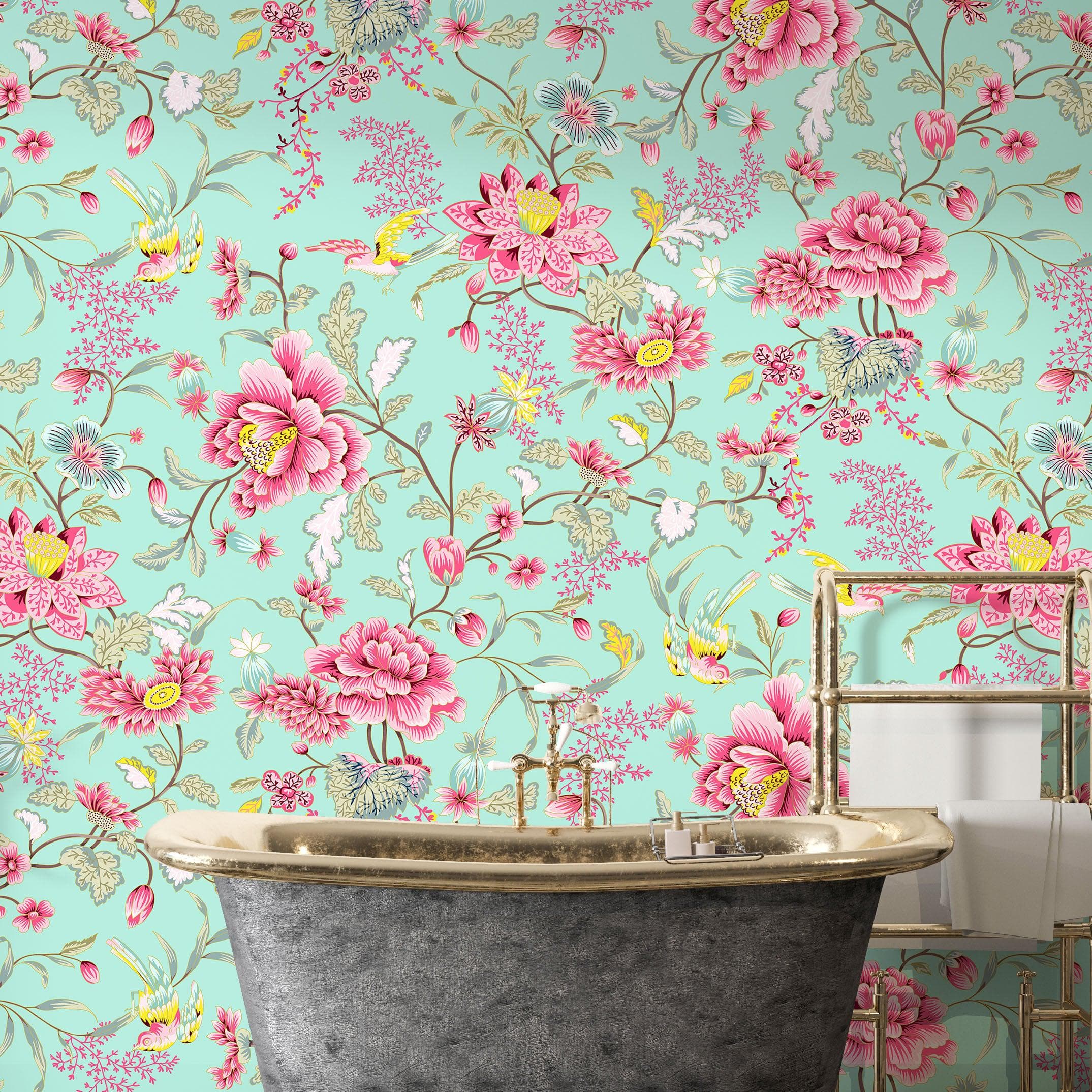 Mural de pared con estampado de flores en color menta. Papel tapiz autoadhesivo con motivos florales botánicos tropicales. N.º 6387