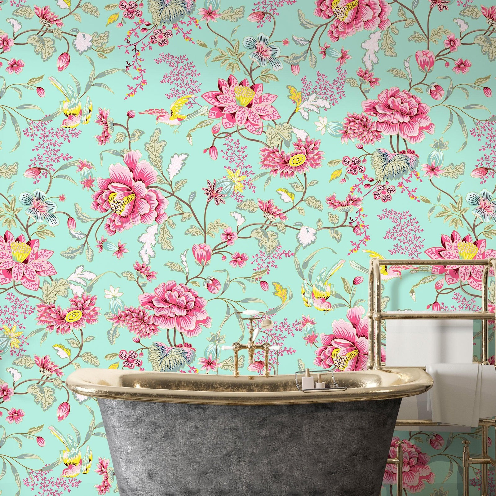 Mural de pared con estampado de flores en color menta. Papel tapiz autoadhesivo con motivos florales botánicos tropicales. N.º 6387