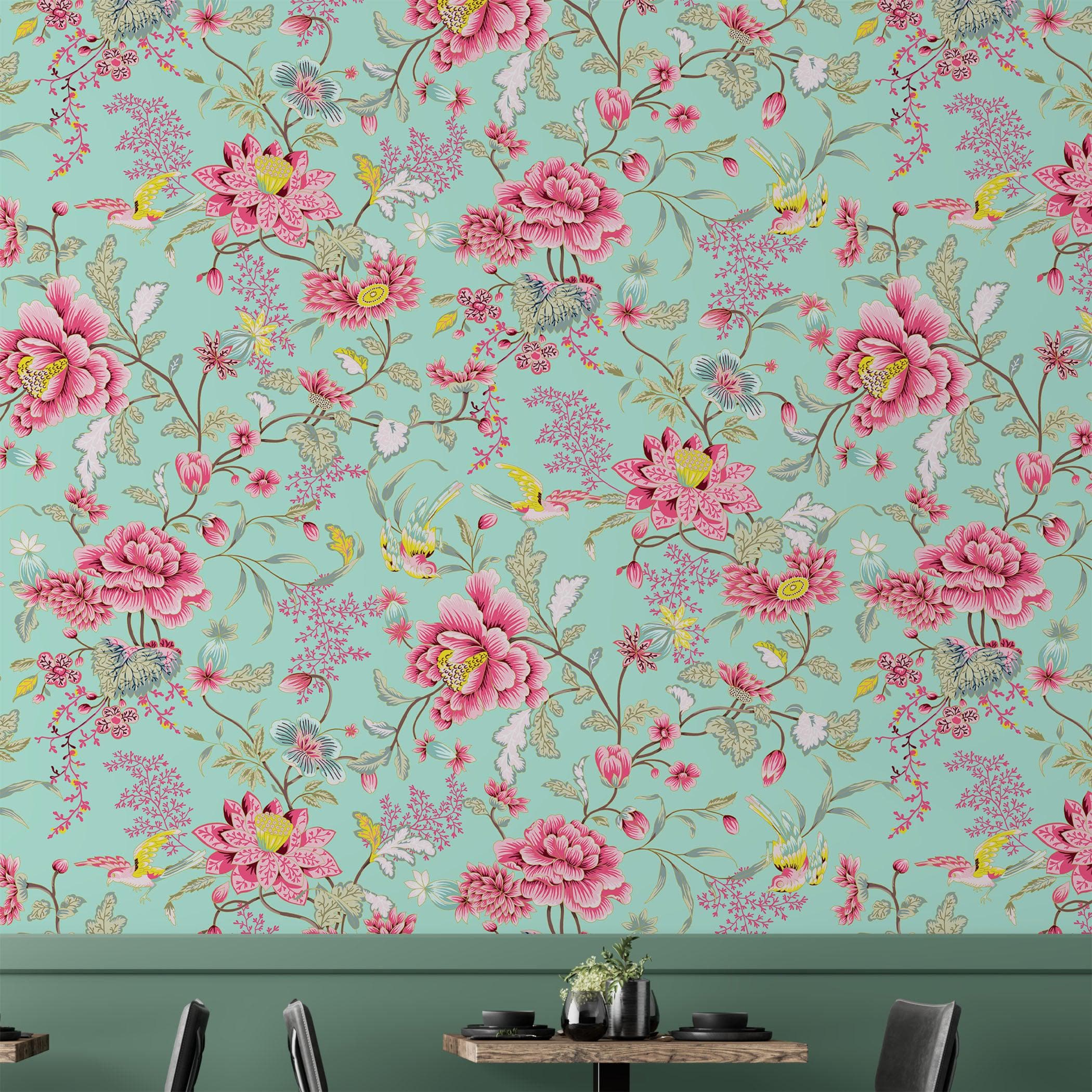 Mural de pared con estampado de flores en color menta. Papel tapiz autoadhesivo con motivos florales botánicos tropicales. N.º 6387