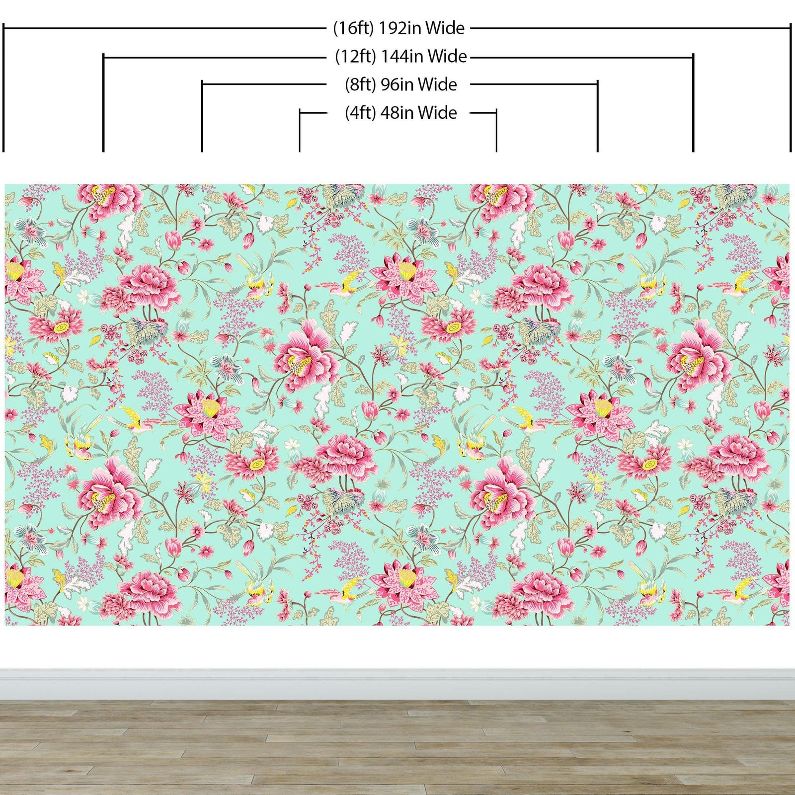 Mural de pared con estampado de flores en color menta. Papel tapiz autoadhesivo con motivos florales botánicos tropicales. N.º 6387
