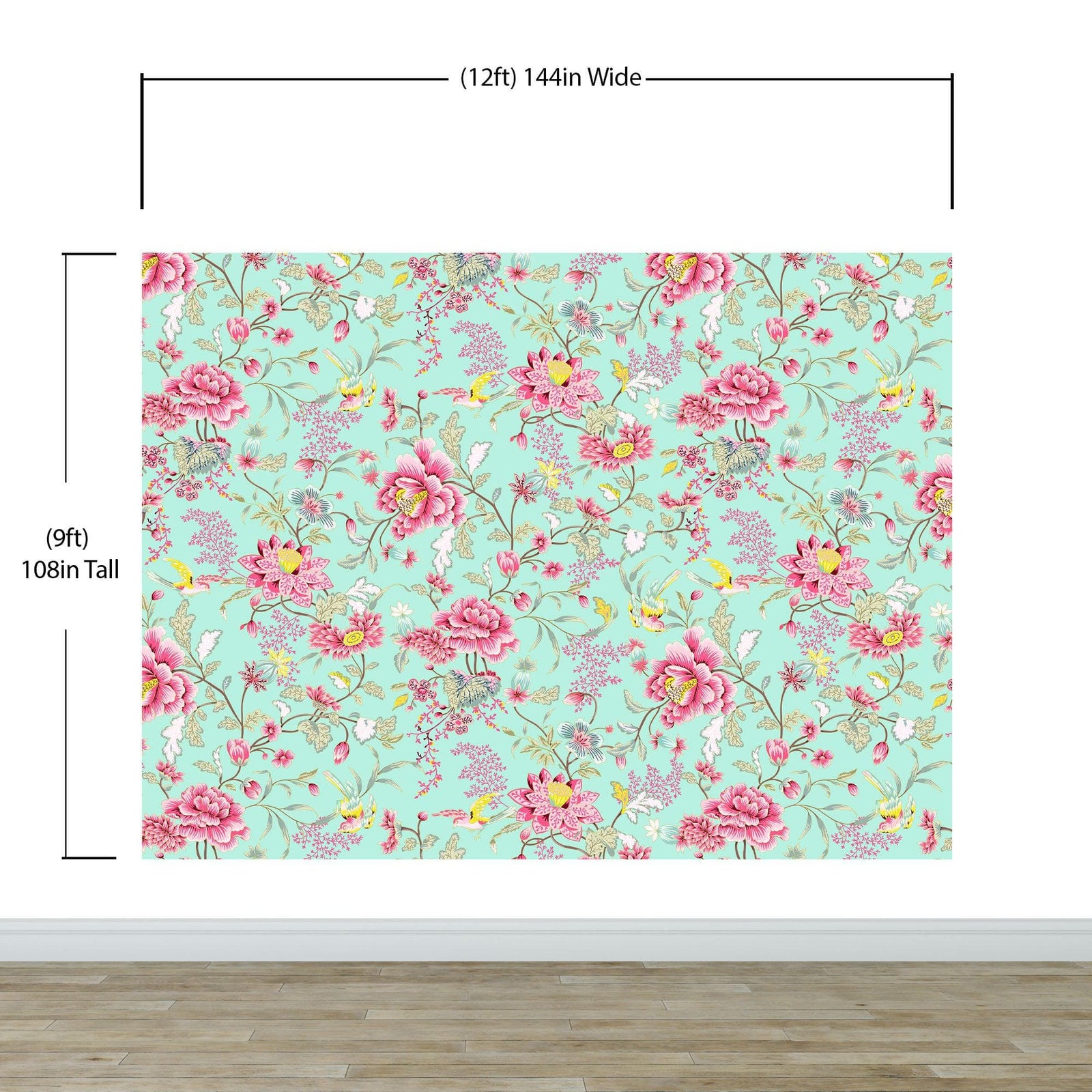 Mural de pared con estampado de flores en color menta. Papel tapiz autoadhesivo con motivos florales botánicos tropicales. N.º 6387