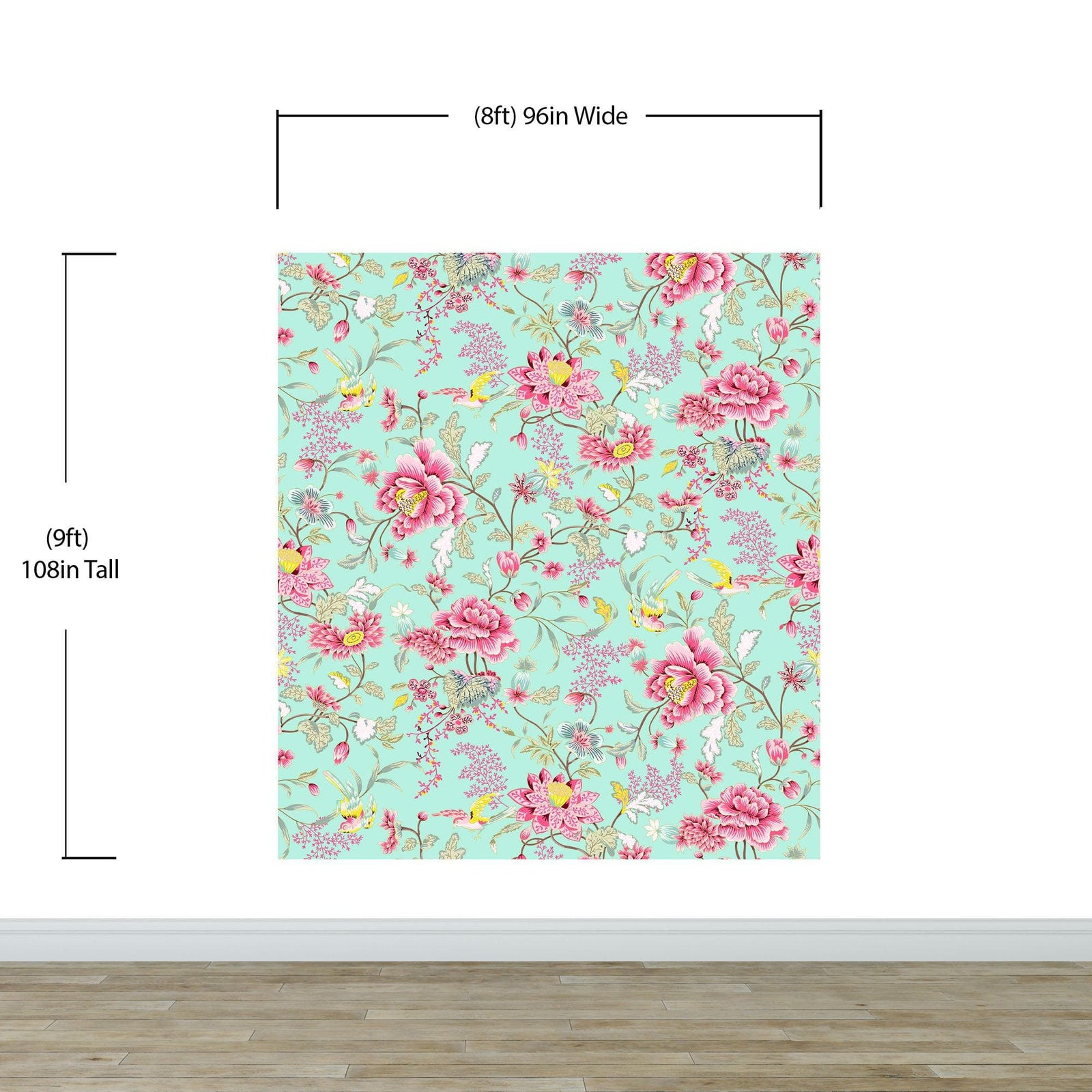 Mural de pared con estampado de flores en color menta. Papel tapiz autoadhesivo con motivos florales botánicos tropicales. N.º 6387