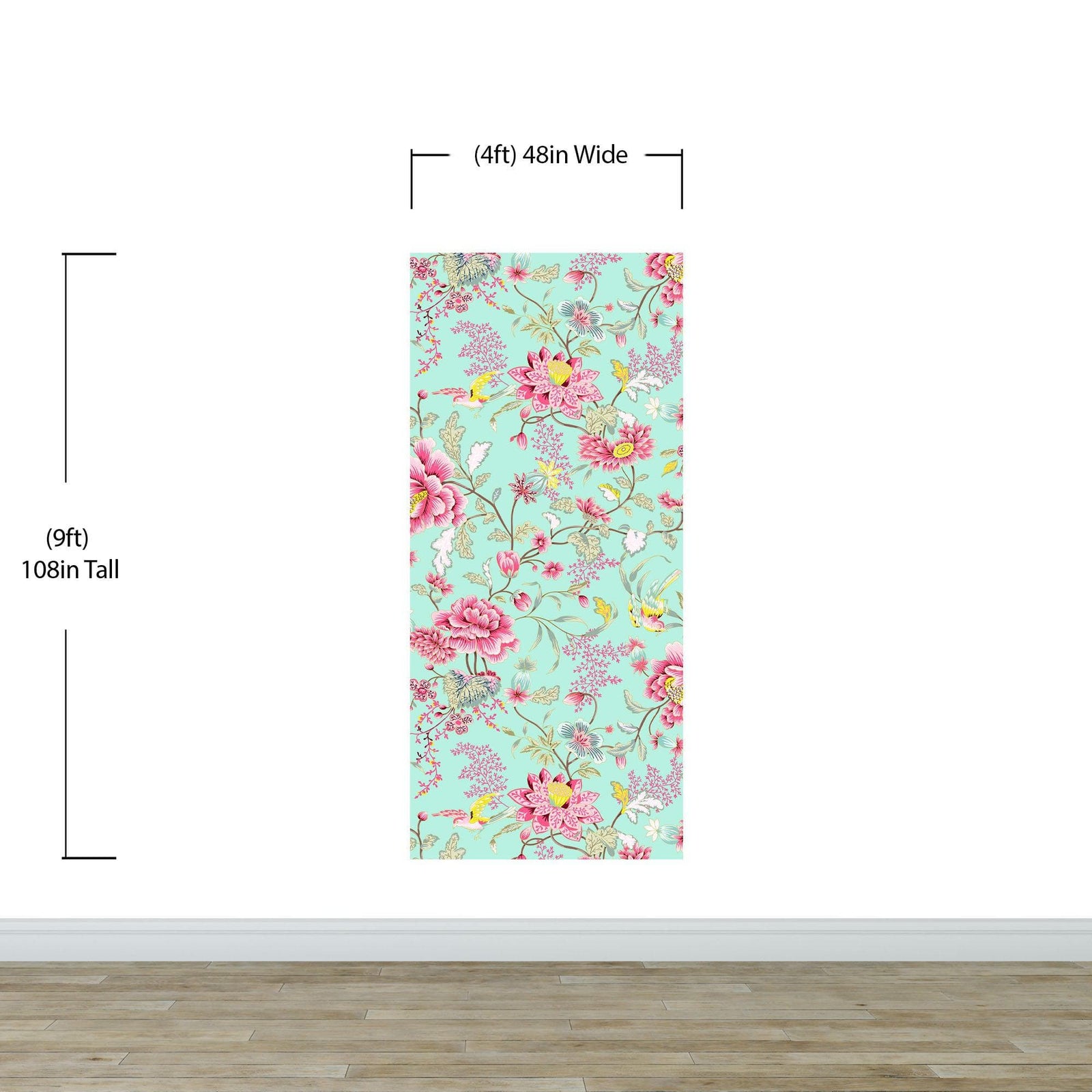 Mural de pared con estampado de flores en color menta. Papel tapiz autoadhesivo con motivos florales botánicos tropicales. N.º 6387