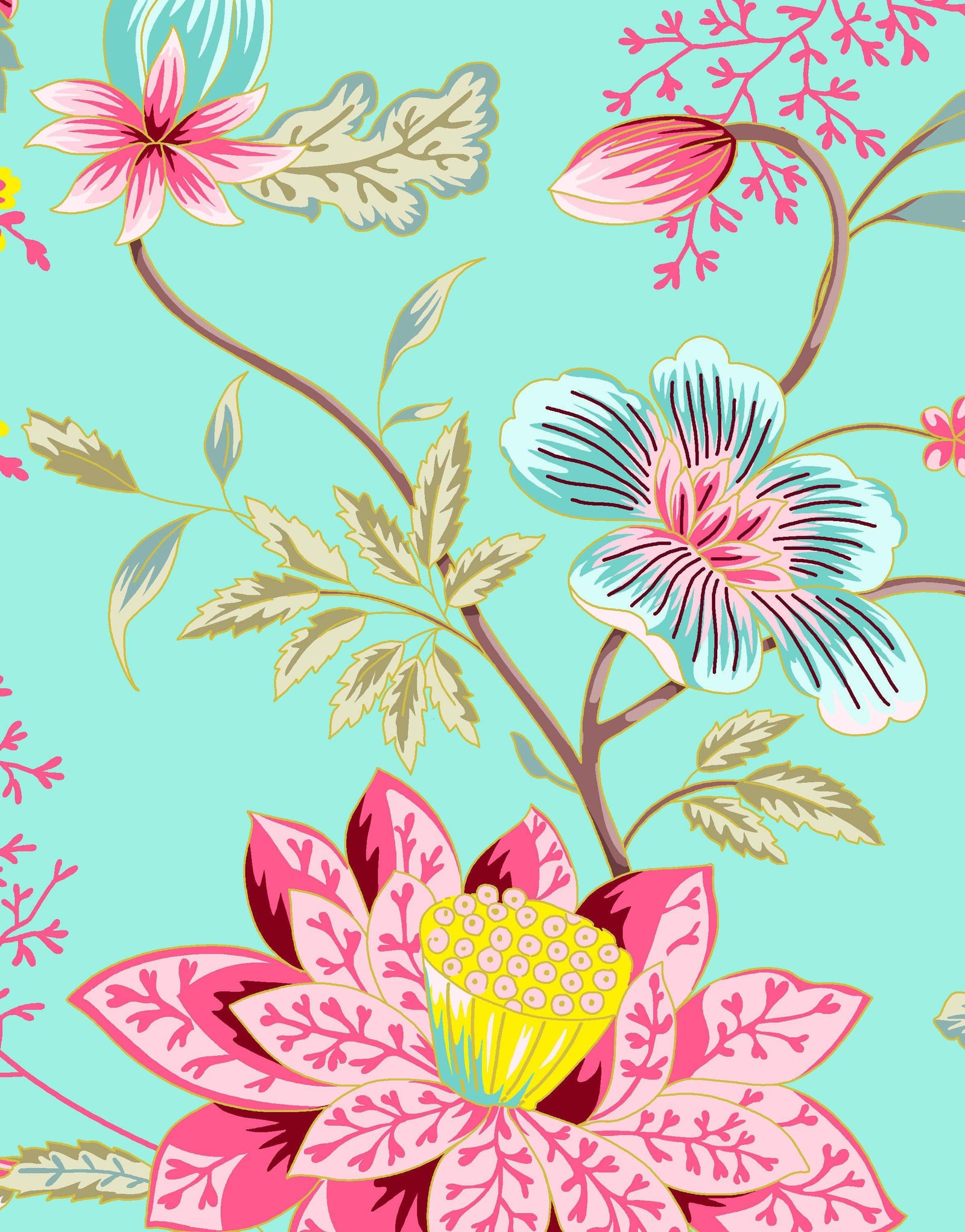 Mural de pared con estampado de flores en color menta. Papel tapiz autoadhesivo con motivos florales botánicos tropicales. N.º 6387