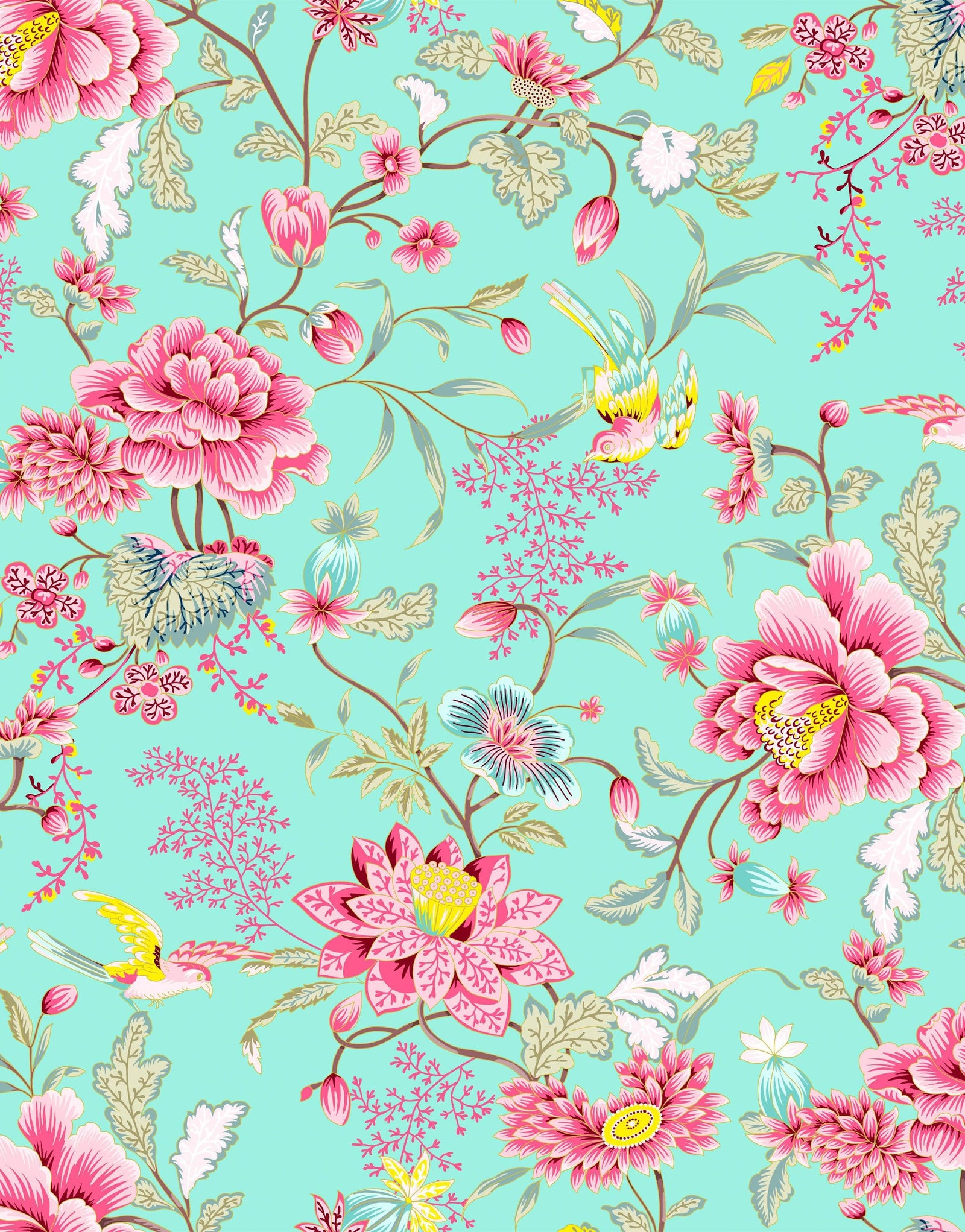 Mural de pared con estampado de flores en color menta. Papel tapiz autoadhesivo con motivos florales botánicos tropicales. N.º 6387