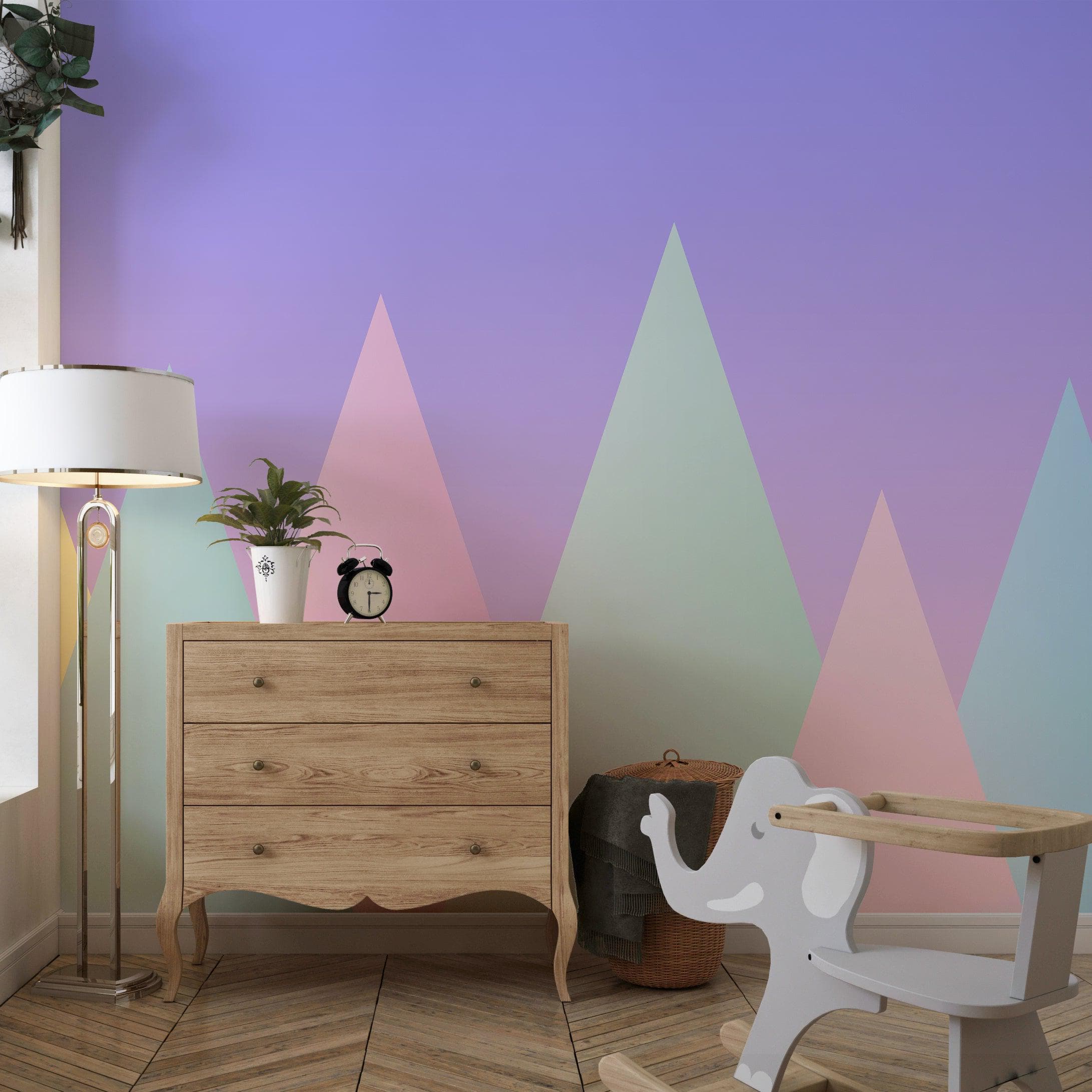 Mural de pared de montaña triangular geométrica. Papel pintado autoadhesivo en colores pastel. N.º 6388