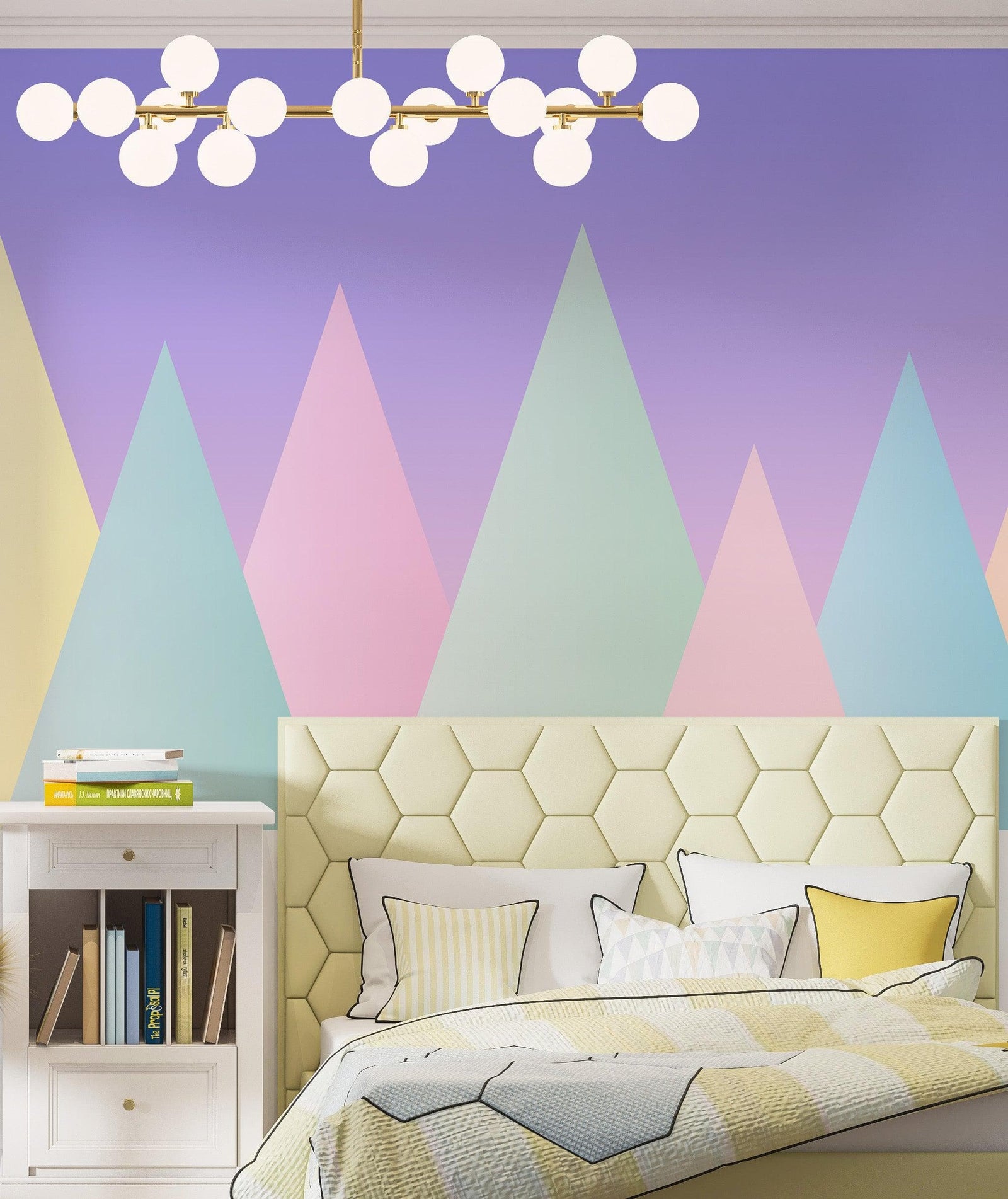 Mural de pared de montaña triangular geométrica. Papel pintado autoadhesivo en colores pastel. N.º 6388