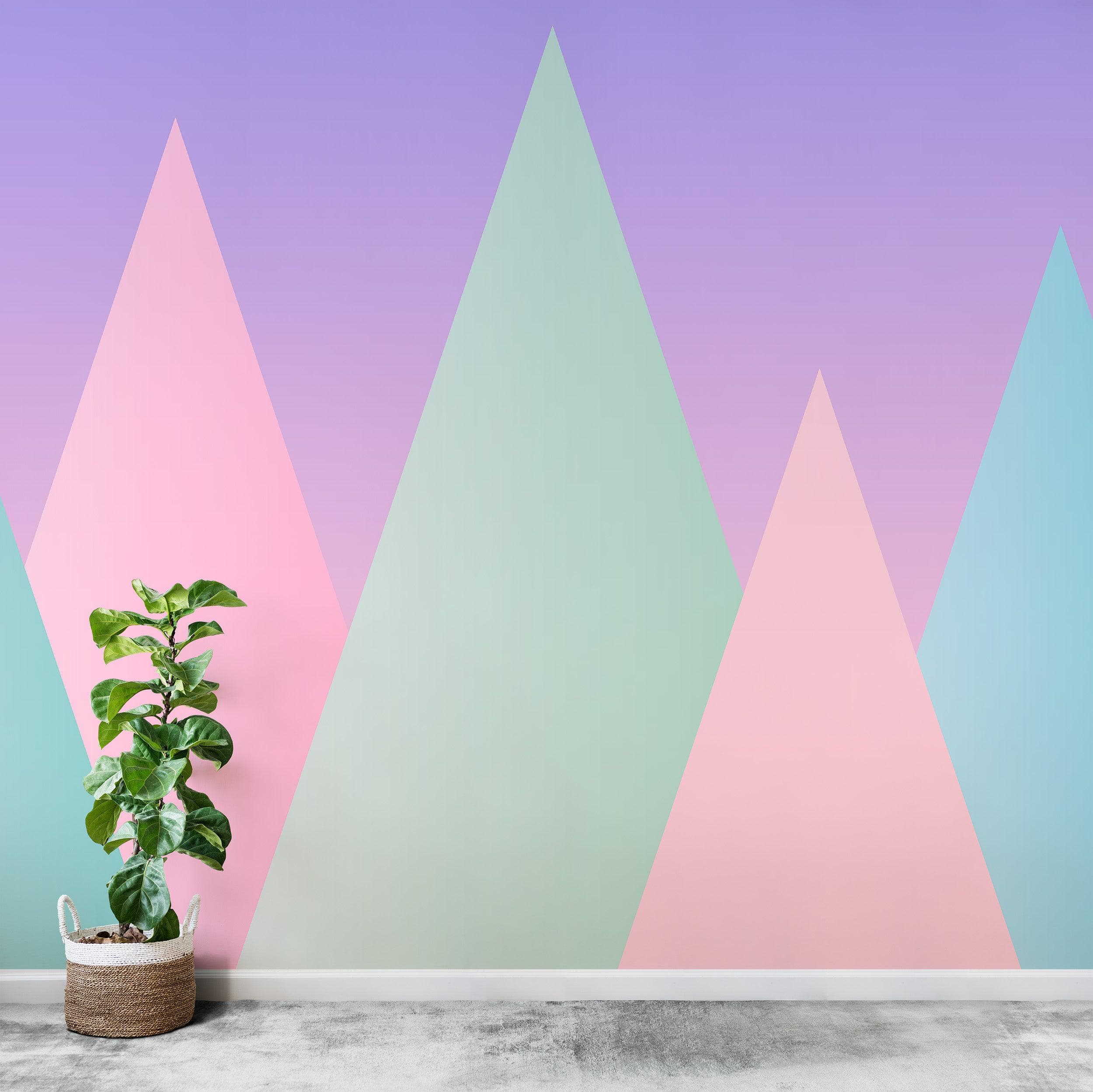 Mural de pared de montaña triangular geométrica. Papel pintado autoadhesivo en colores pastel. N.º 6388