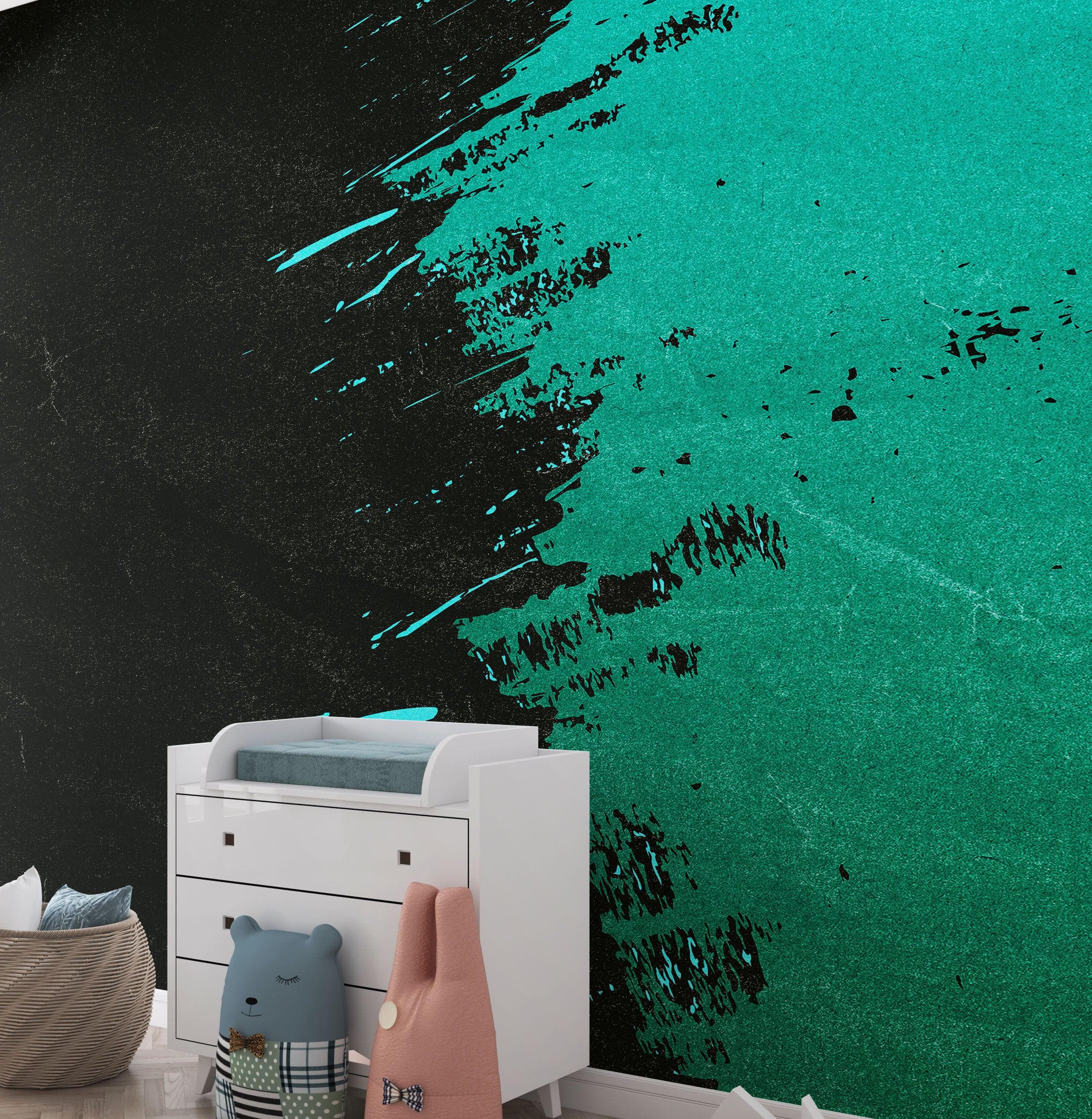 Mural de pared con salpicaduras de pintura. Papel tapiz autoadhesivo con pinceladas de color verde esmeralda. N.º 6391