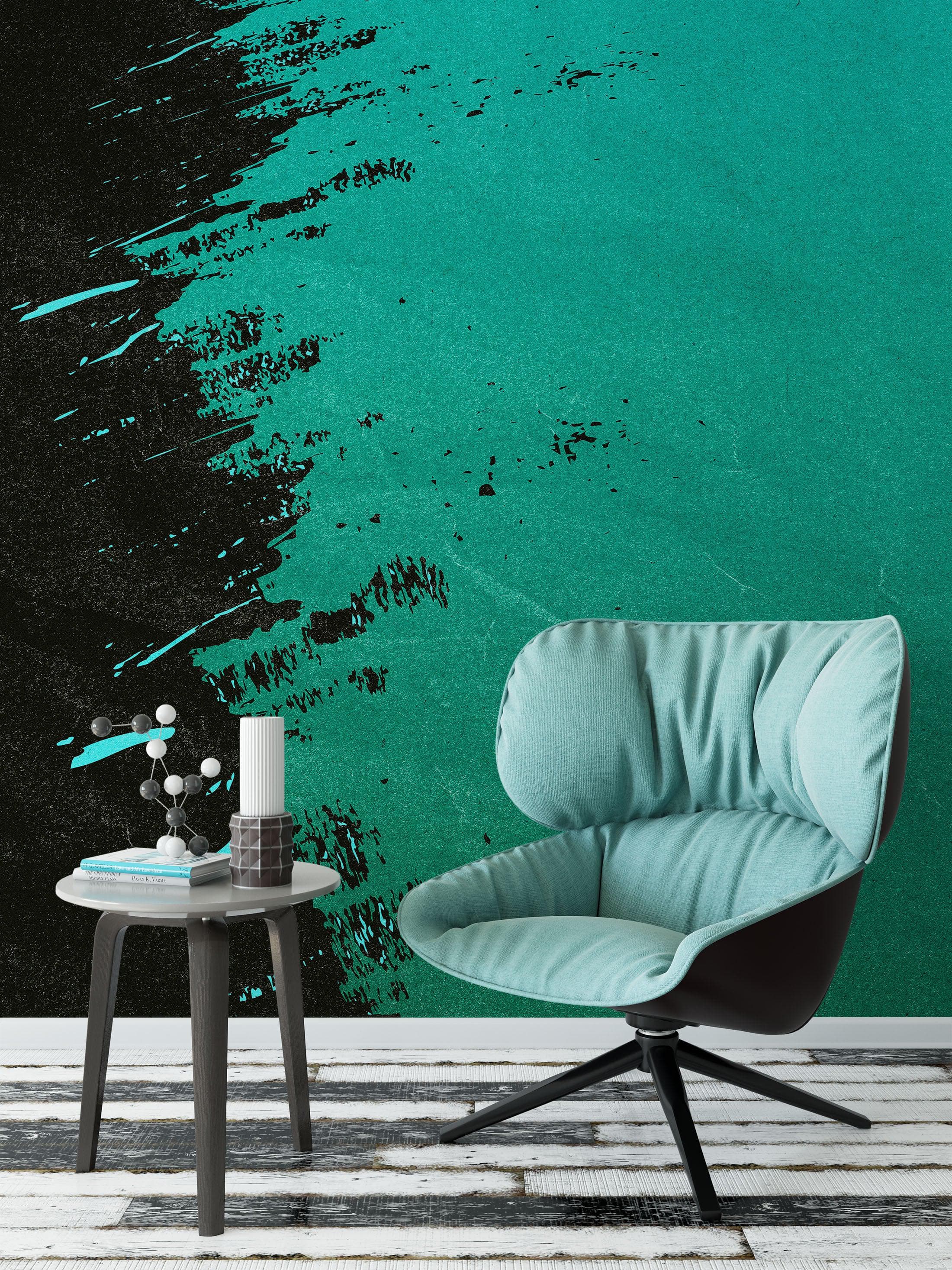 Mural de pared con salpicaduras de pintura. Papel tapiz autoadhesivo con pinceladas de color verde esmeralda. N.º 6391