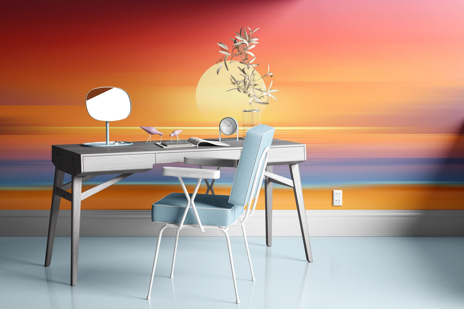 Mural de pared de puesta de sol naranja sobre la playa. Puesta de sol abstracta y borrosa sobre la costa. #6393