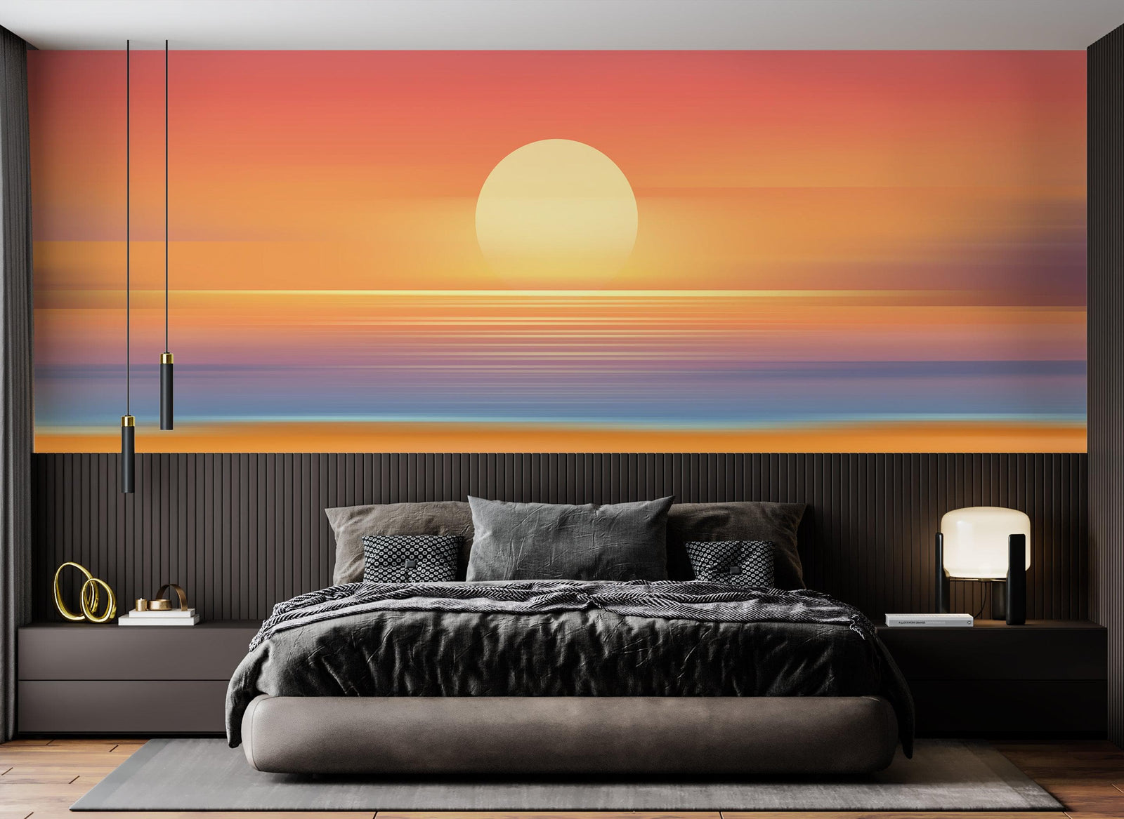 Mural de pared de puesta de sol naranja sobre la playa. Puesta de sol abstracta y borrosa sobre la costa. #6393