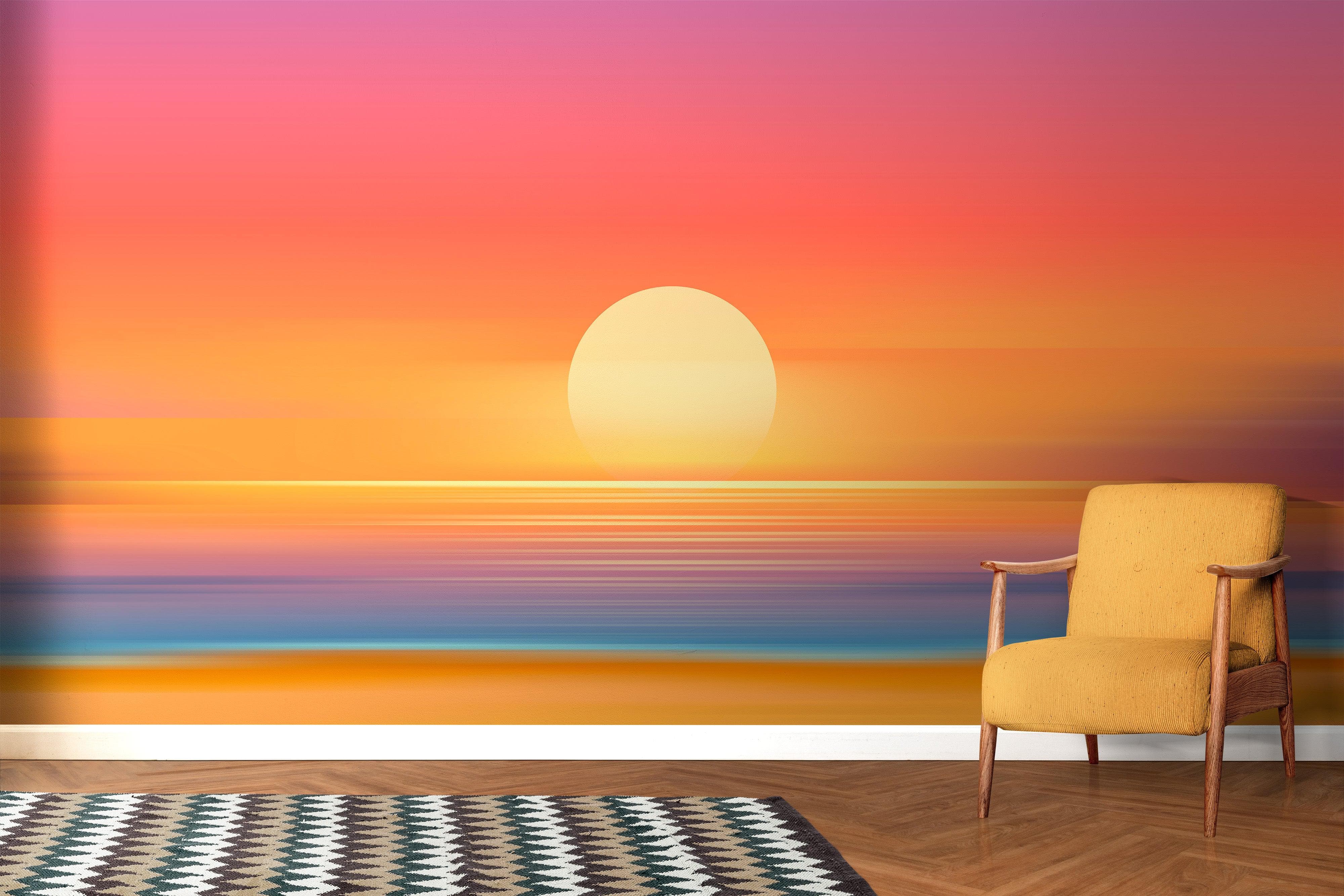 Mural de pared de puesta de sol naranja sobre la playa. Puesta de sol abstracta y borrosa sobre la costa. #6393