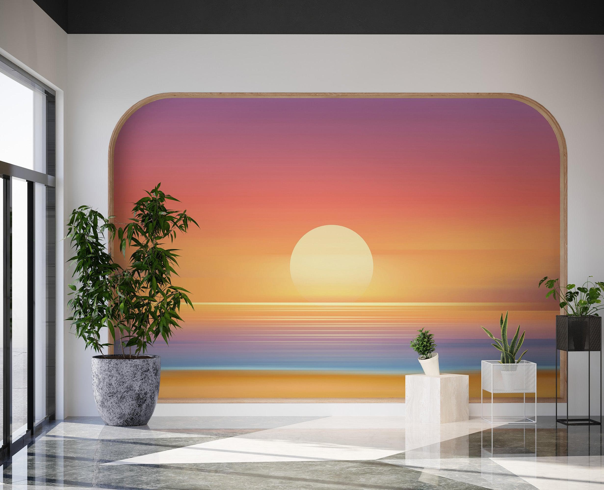 Mural de pared de puesta de sol naranja sobre la playa. Puesta de sol abstracta y borrosa sobre la costa. #6393