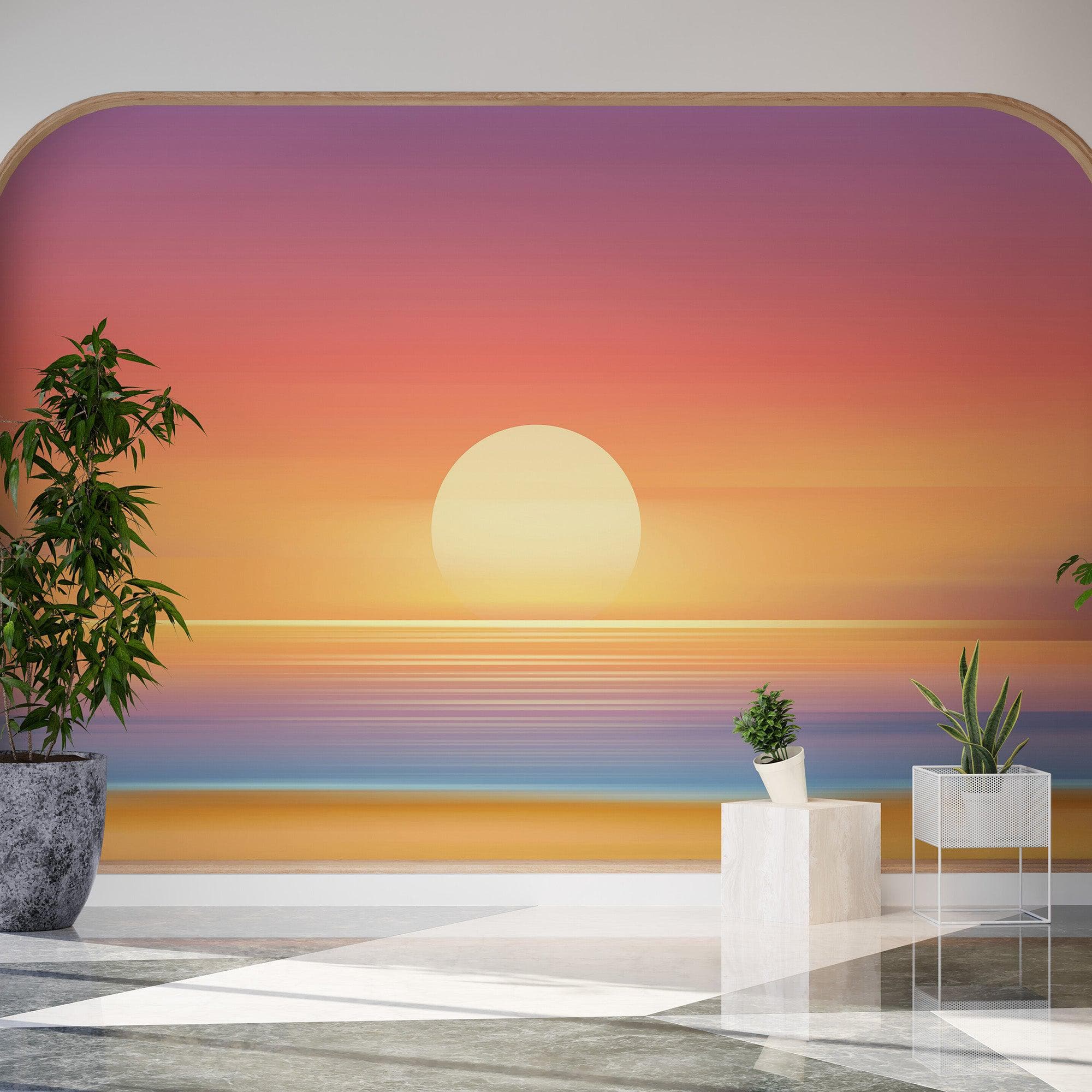 Mural de pared de puesta de sol naranja sobre la playa. Puesta de sol abstracta y borrosa sobre la costa. #6393