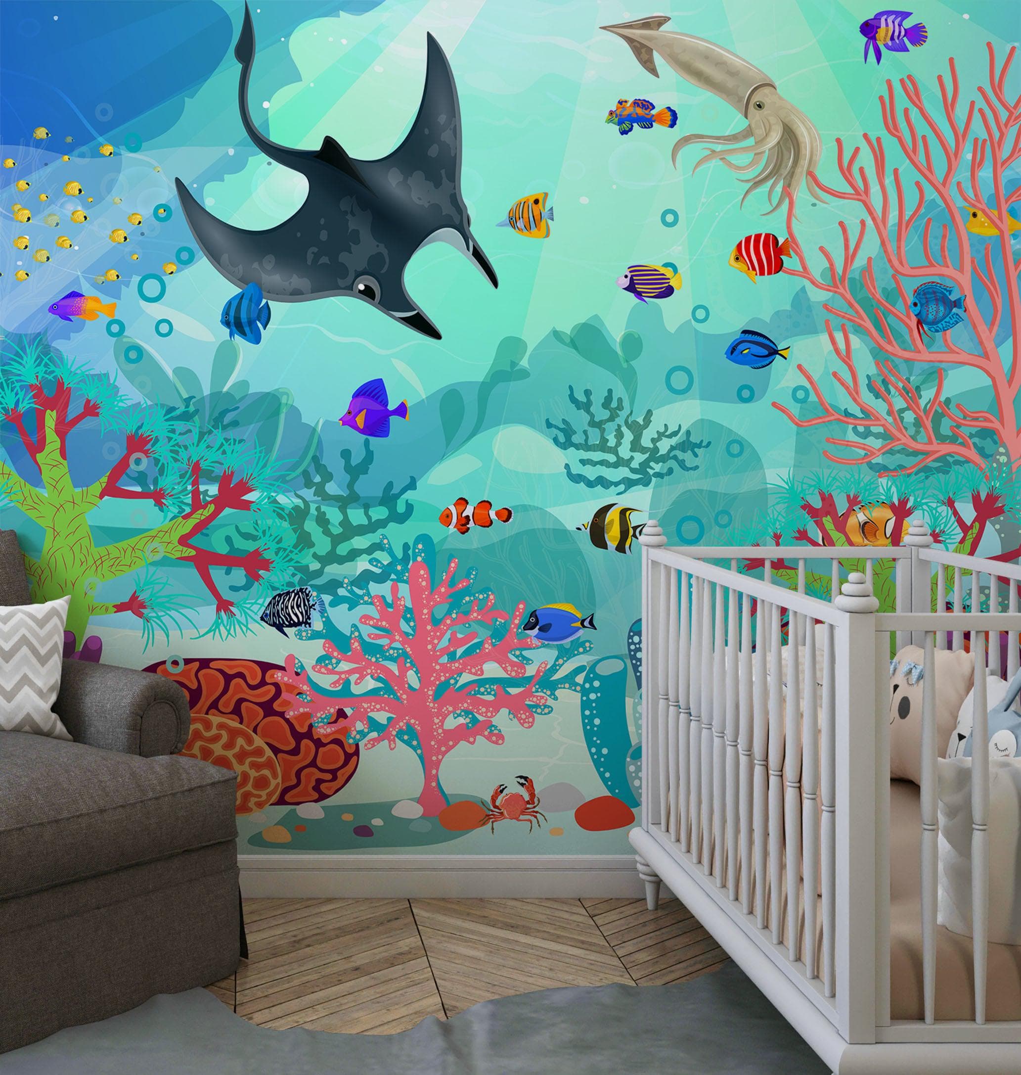 Mural de pared con la vida marina submarina del acuario. #6397