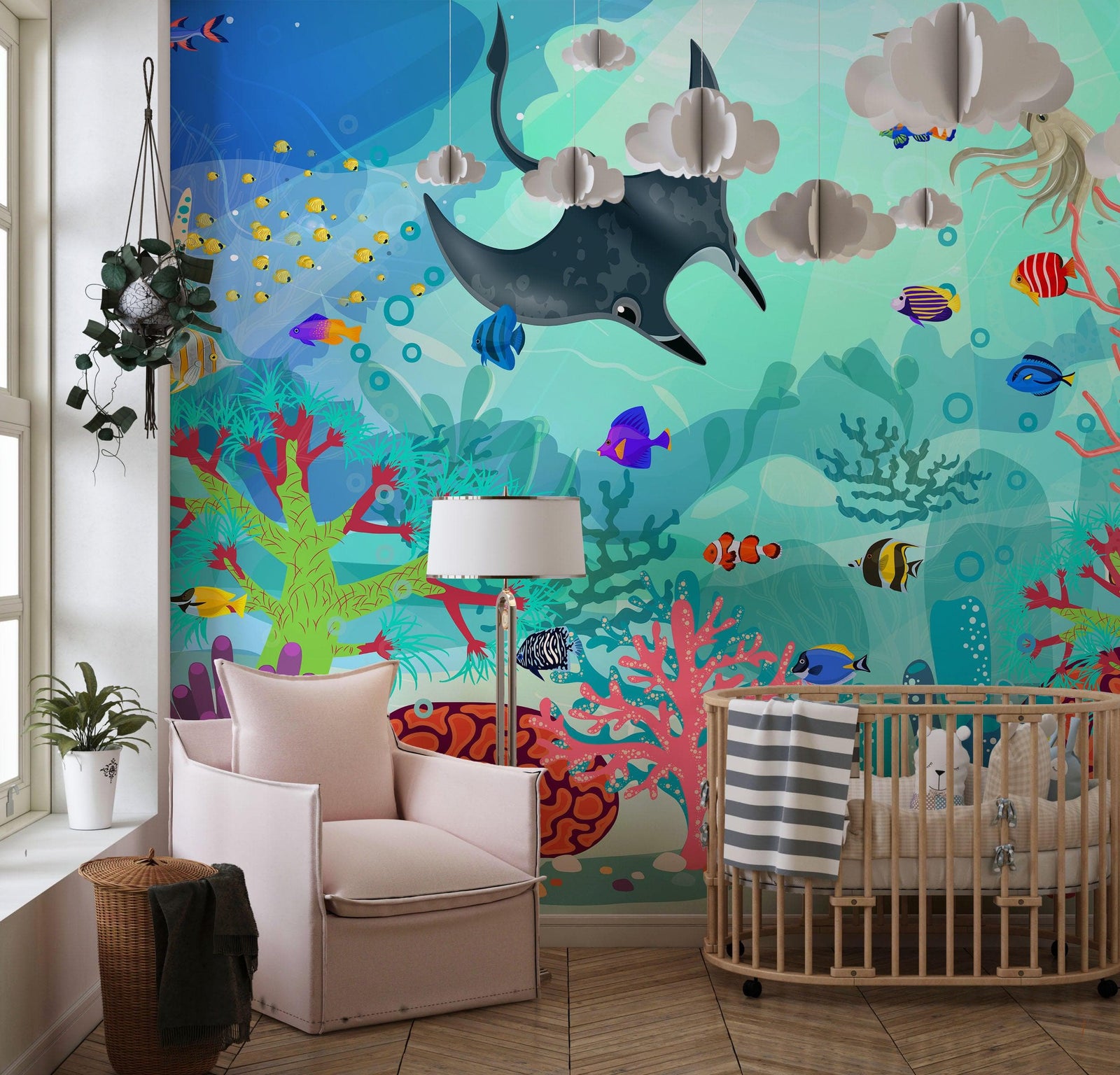 Mural de pared con la vida marina submarina del acuario. #6397