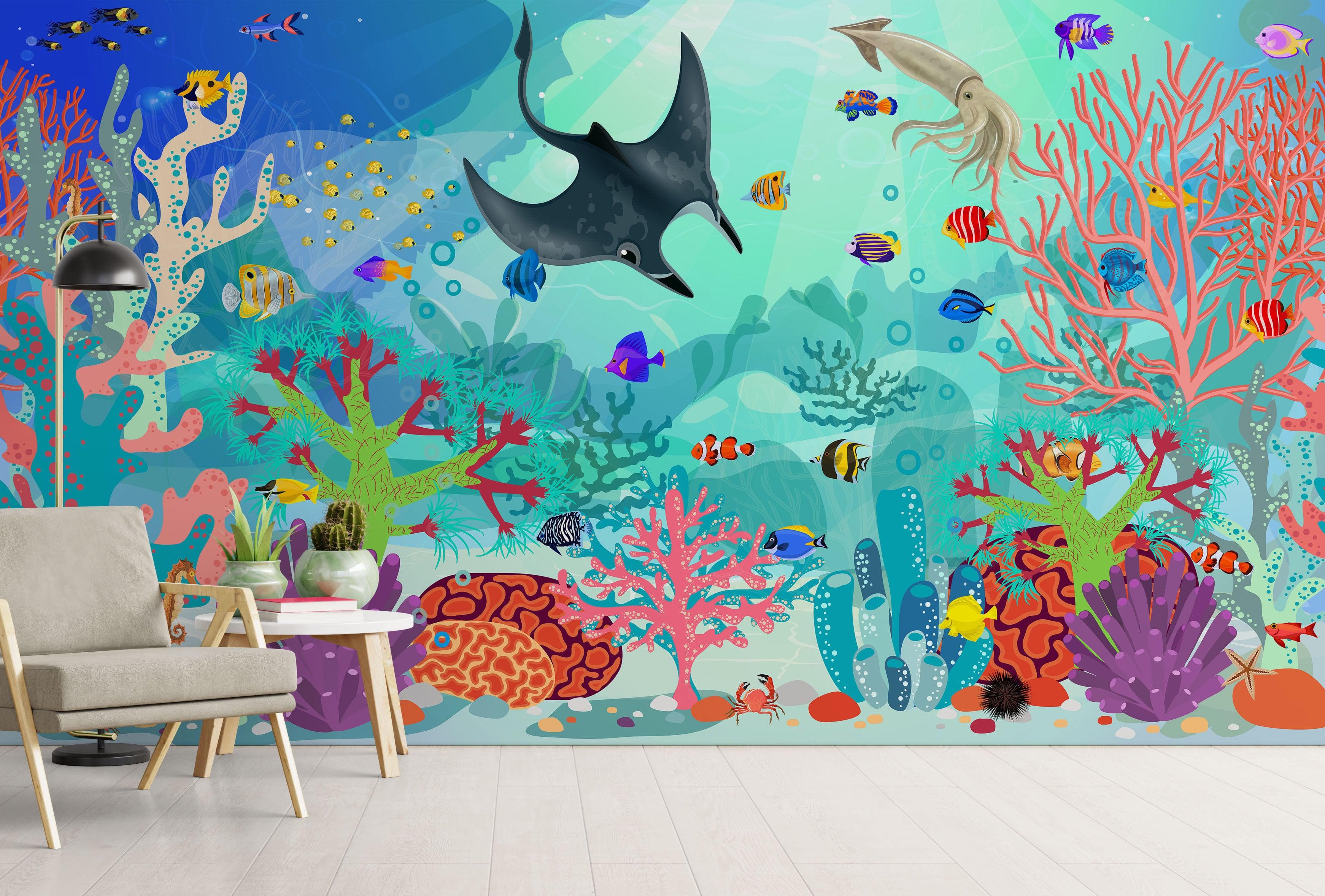 Mural de pared con la vida marina submarina del acuario. #6397