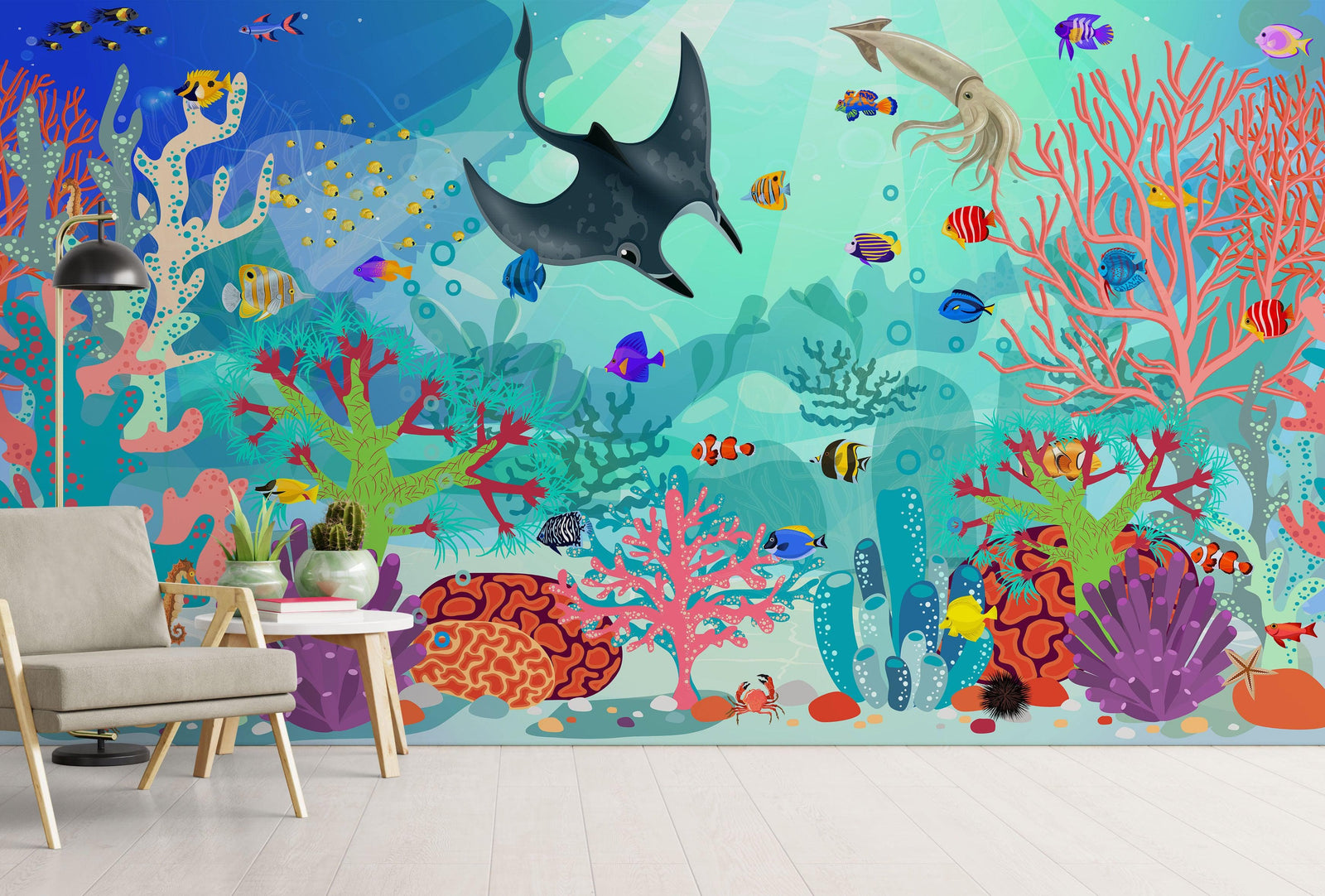 Mural de pared con la vida marina submarina del acuario. #6397
