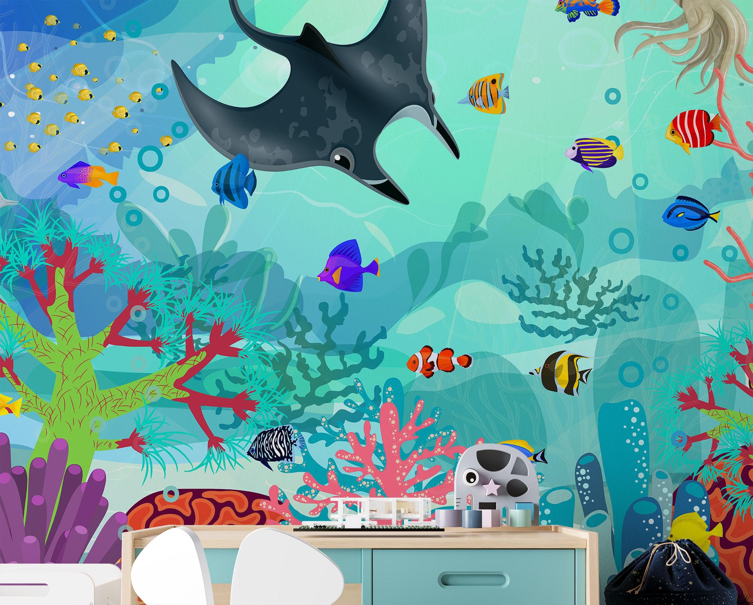 Mural de pared con la vida marina submarina del acuario. #6397