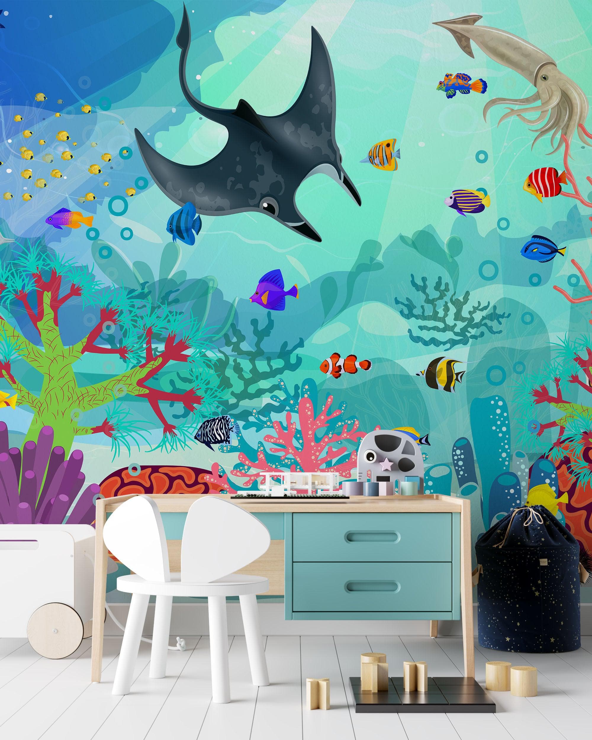 Mural de pared con la vida marina submarina del acuario. #6397