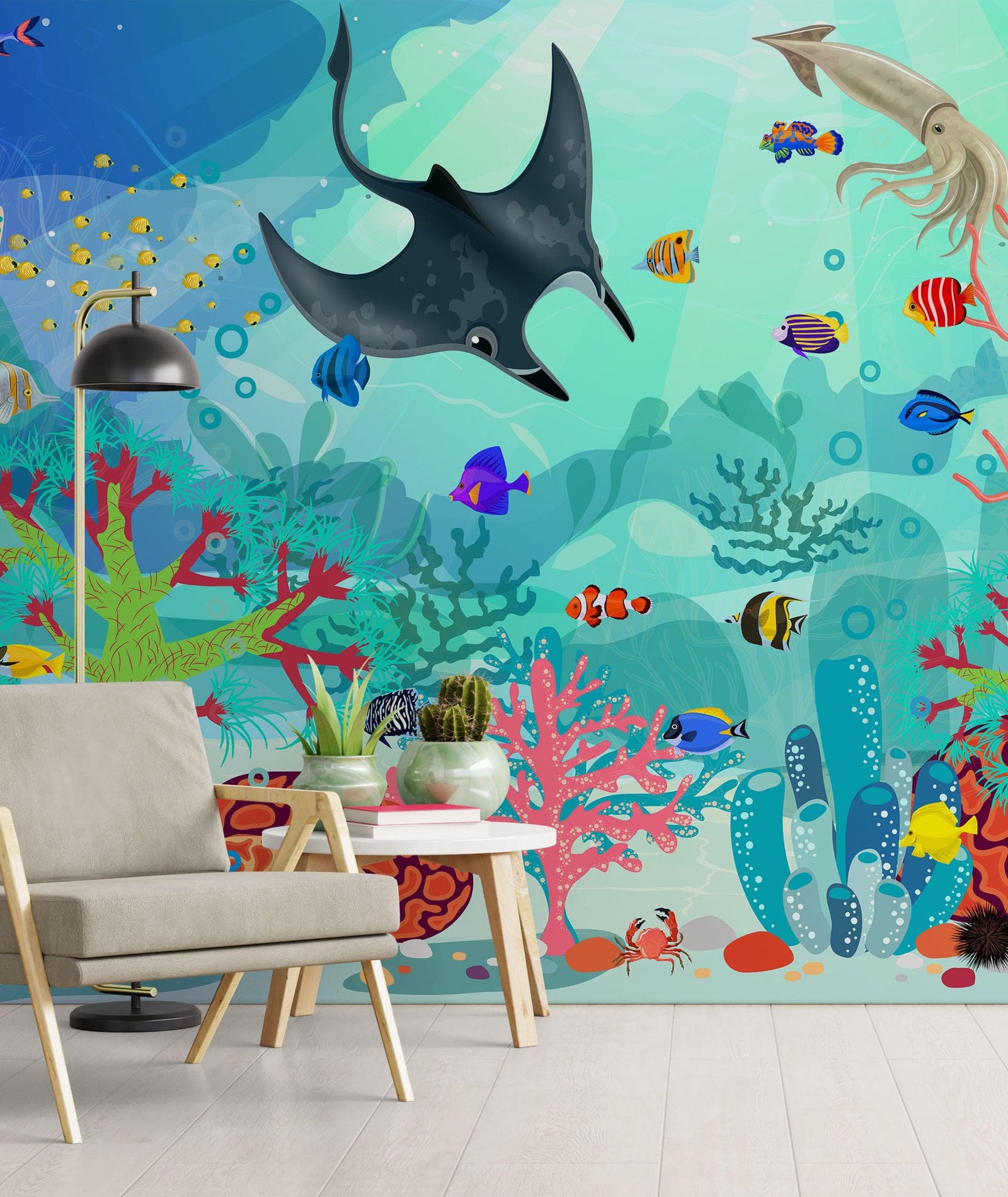 Mural de pared con la vida marina submarina del acuario. #6397