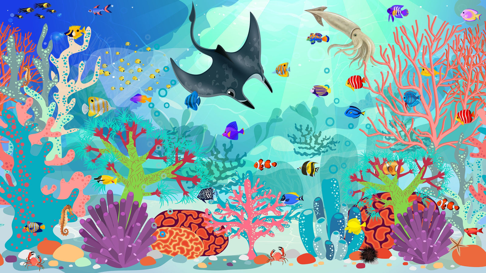Mural de pared con la vida marina submarina del acuario. #6397